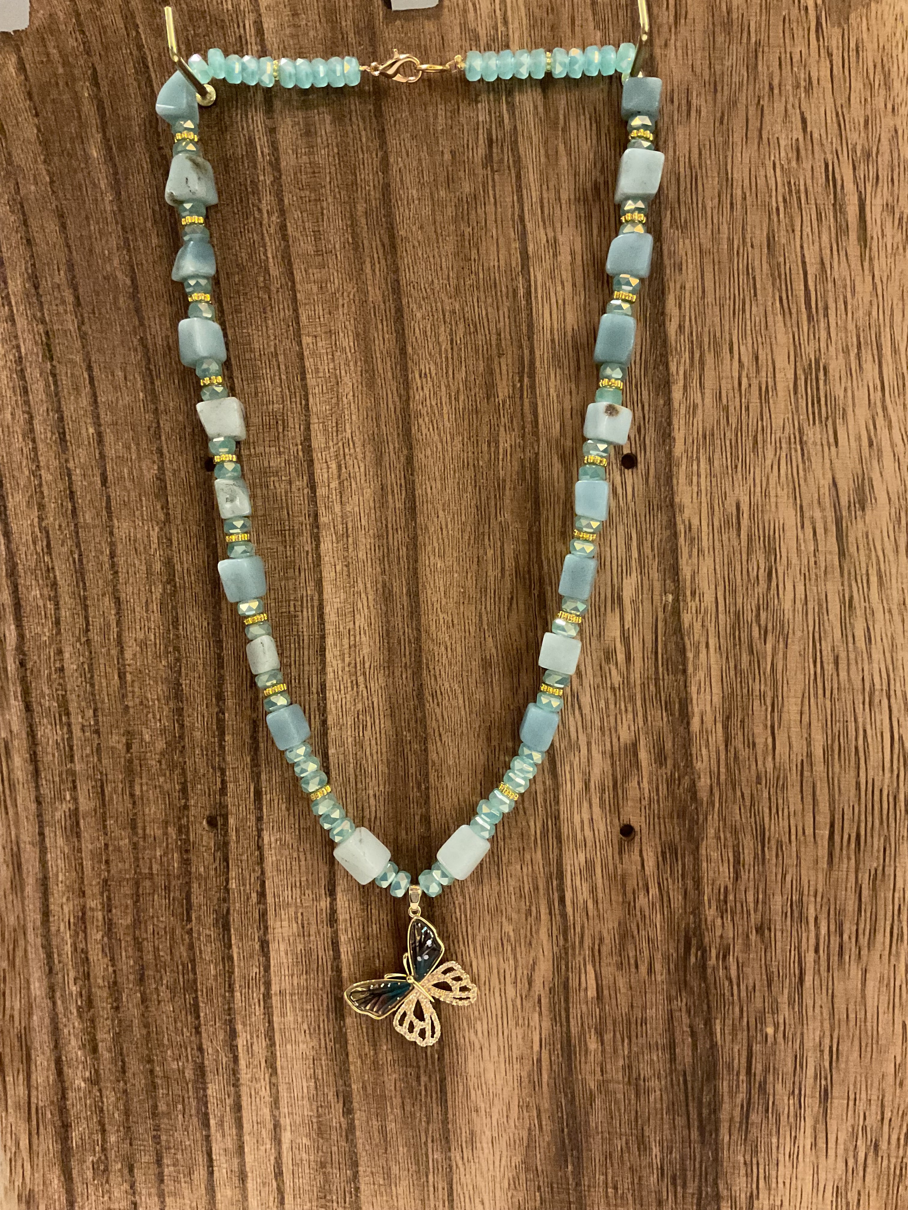 Amazonite & Crystal Butterfly Necklace - 19" Handcrafted Jewelry