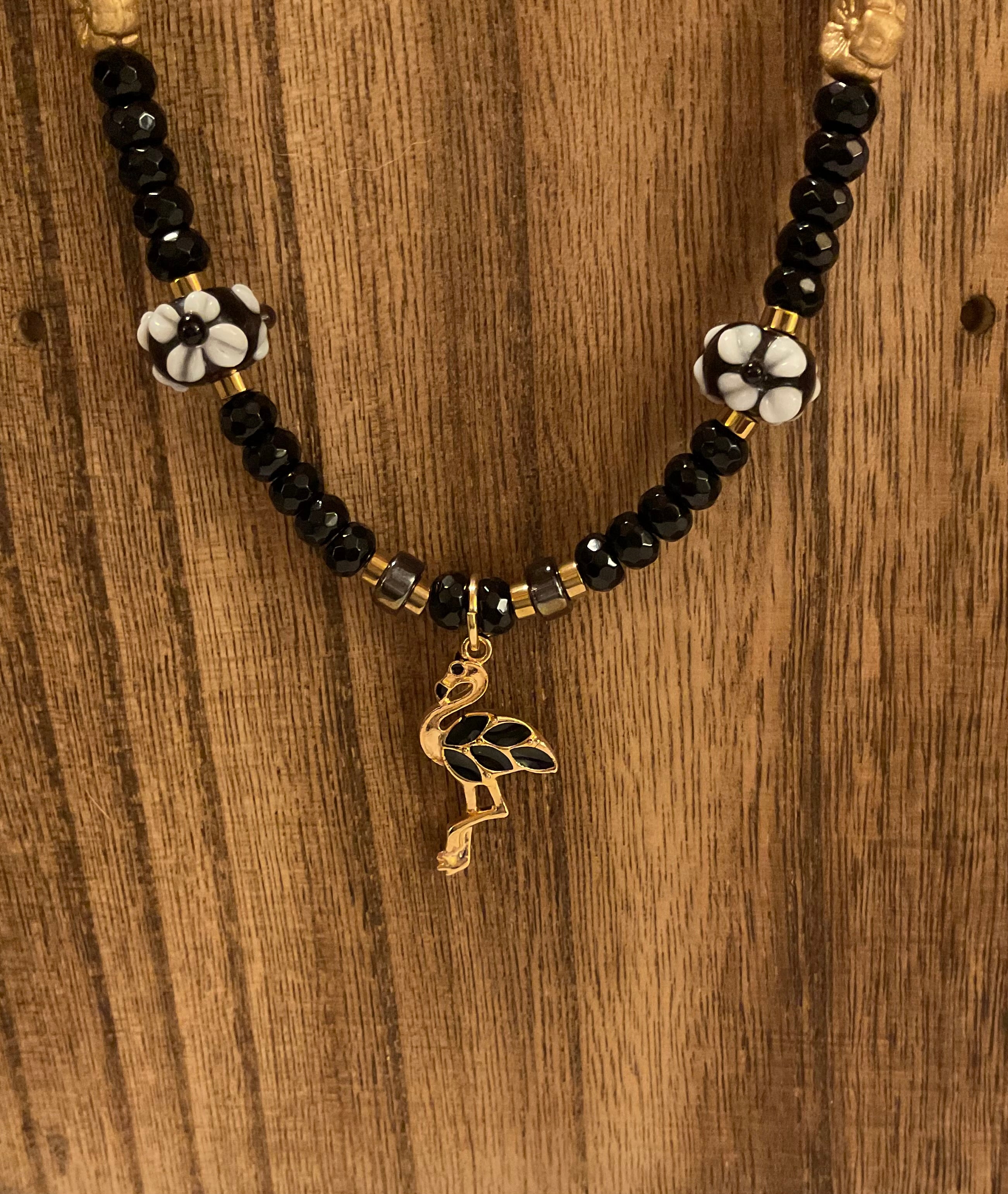 Onyx & Gold Hematite Flamingo Necklace (20")