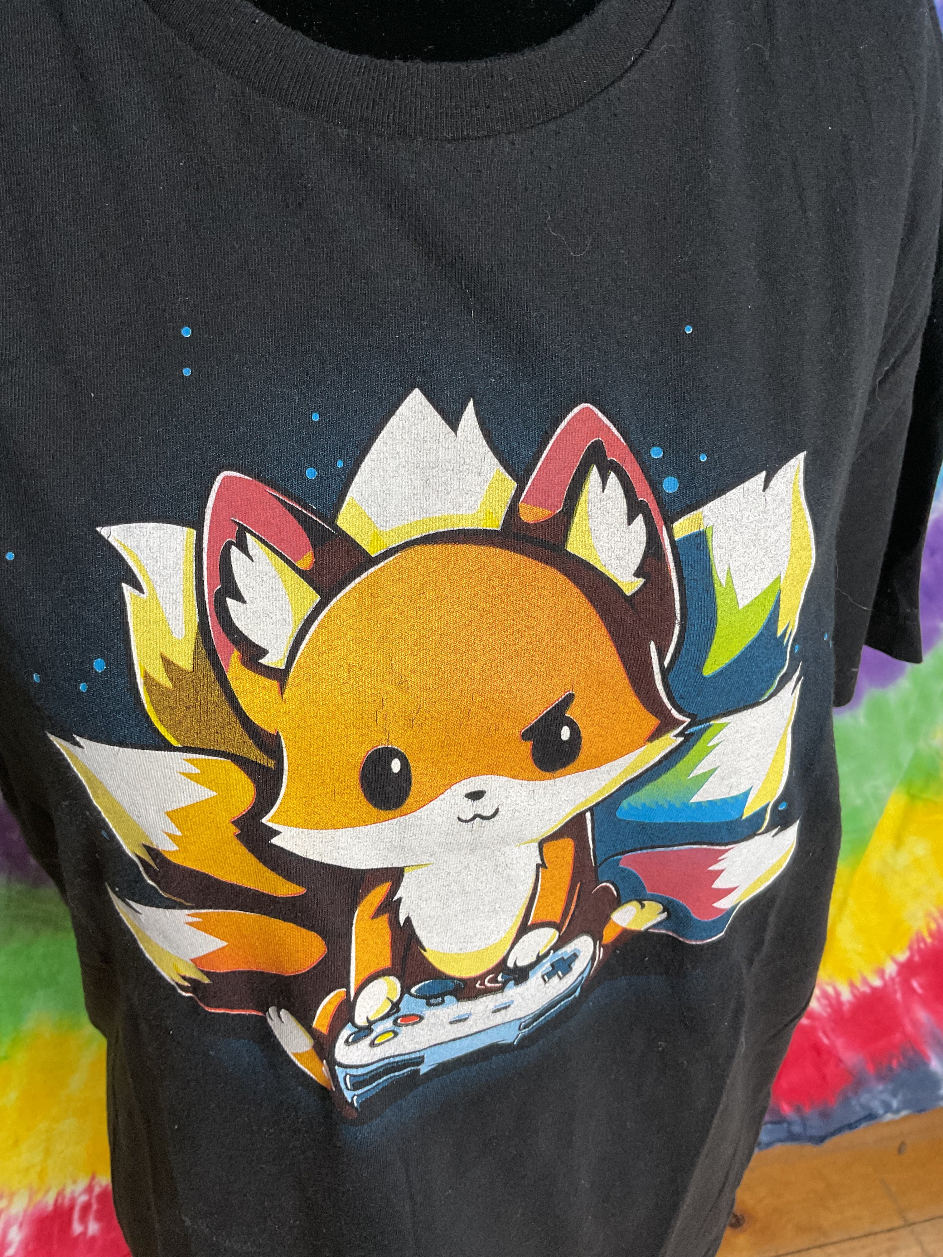 Gamer Kitsune Nine Tailed Fox Gaming Graphic Tee Black Medium