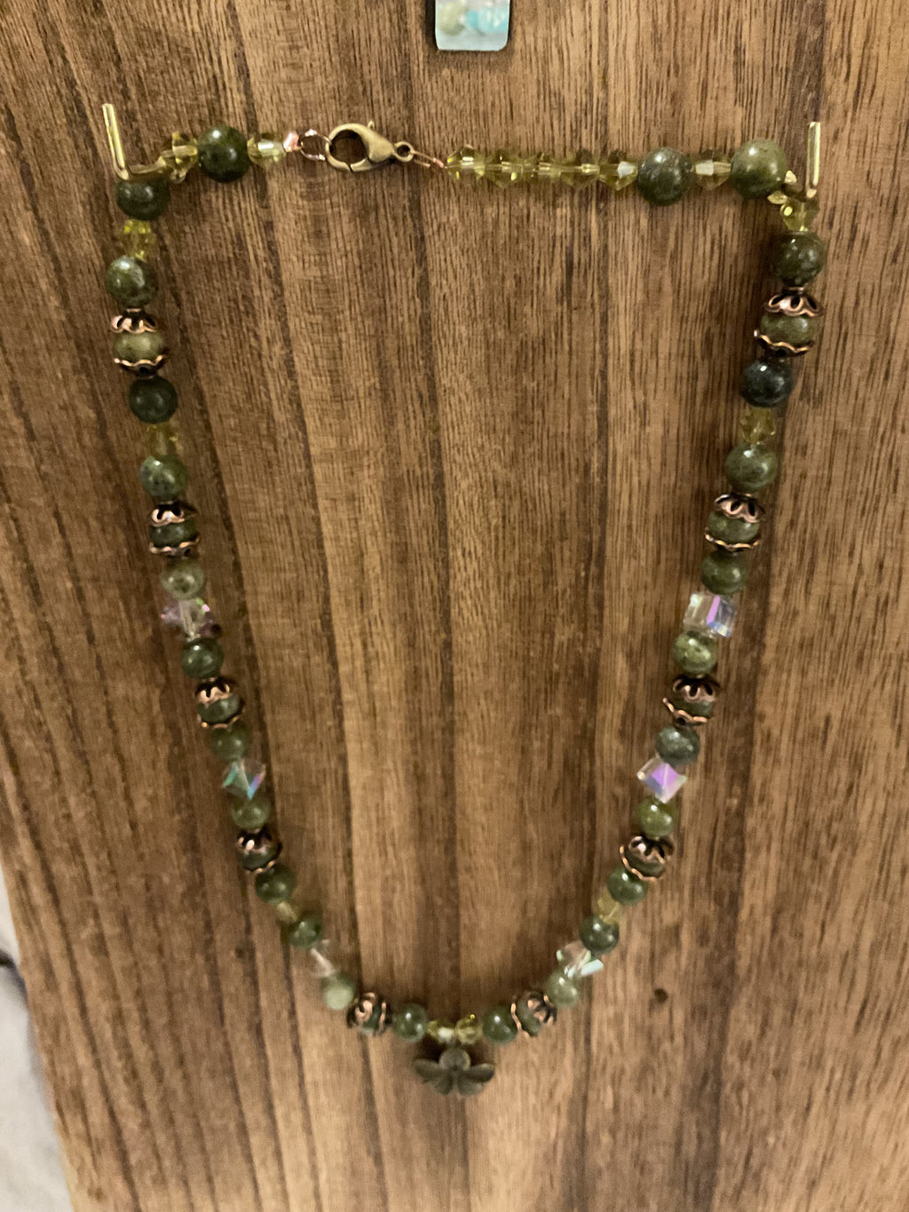 Earthy Green Moss Agate & Iridescent Crystal Flower Necklace 20"