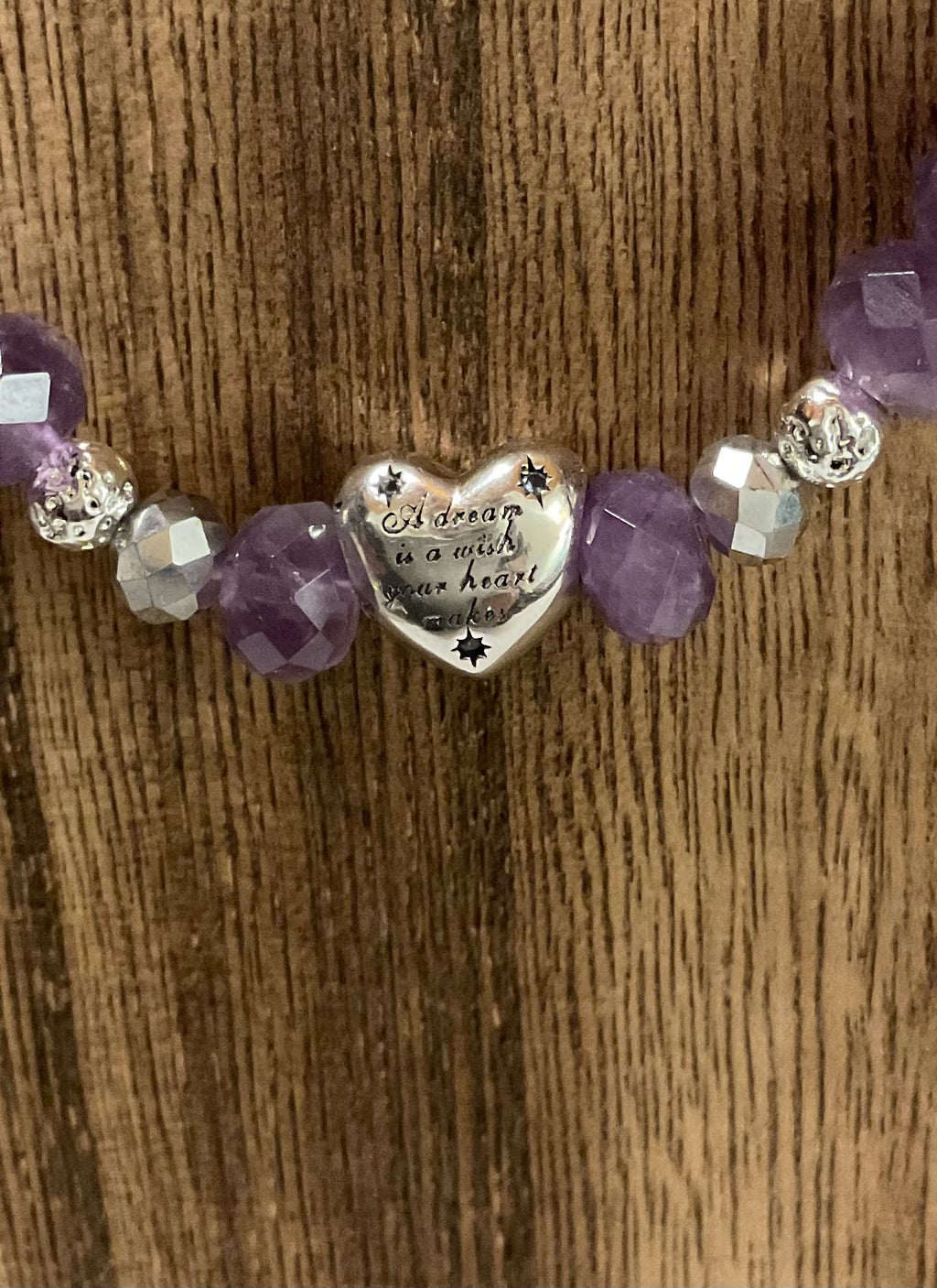 Amethyst Beaded Necklace 20" Silver Heart "A Dream Is A Wish"