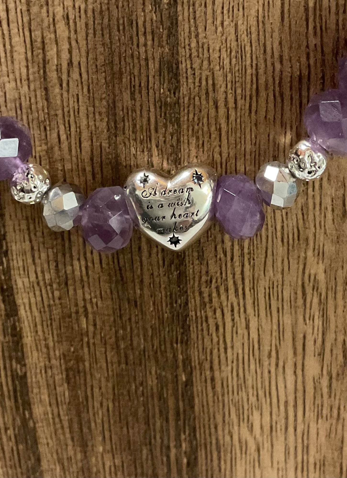 Amethyst Beaded Necklace 20" Silver Heart "A Dream Is A Wish"