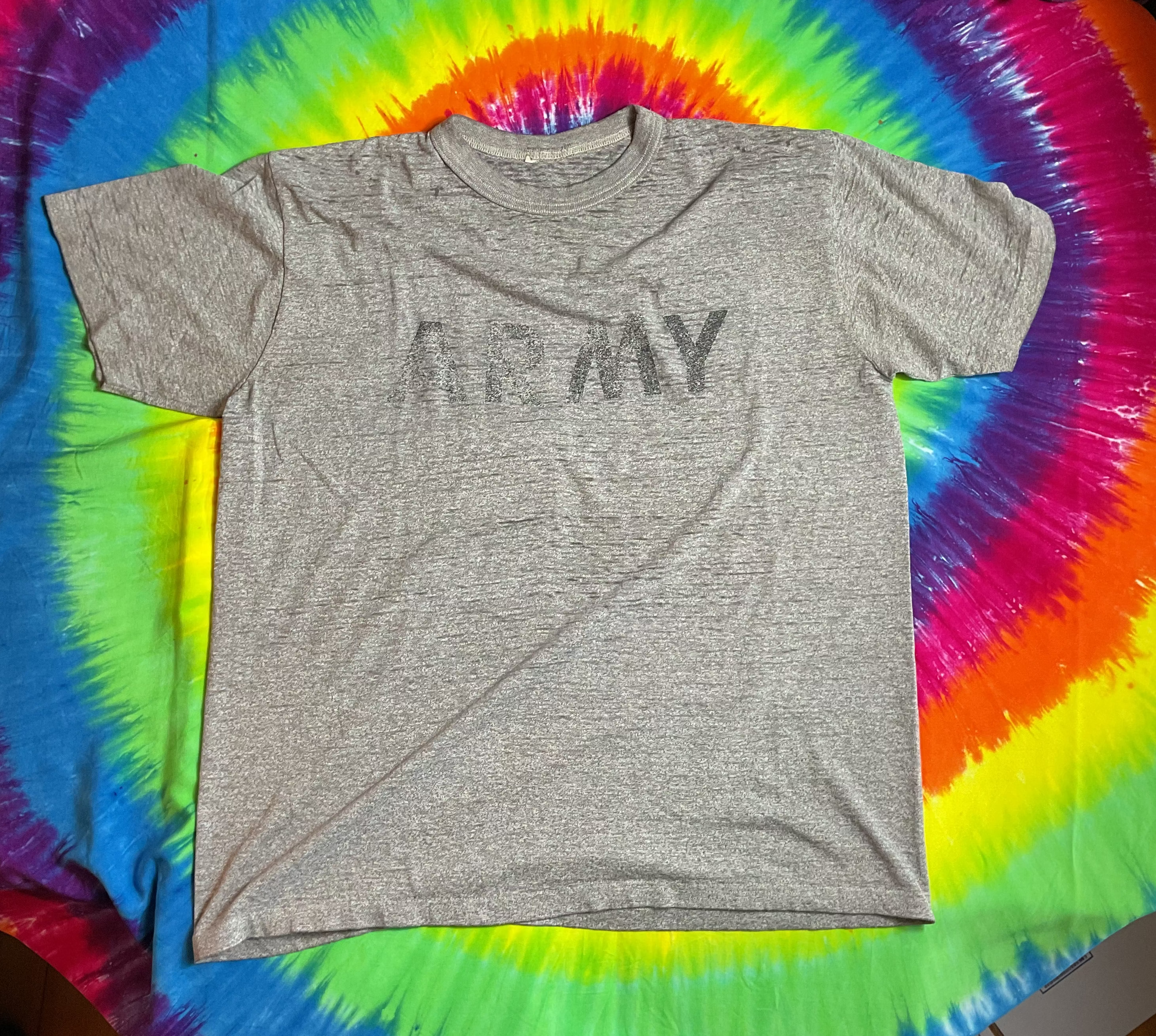 Vtg 80s US Army PT Tee Heather Gray Single Stitch Distressed L