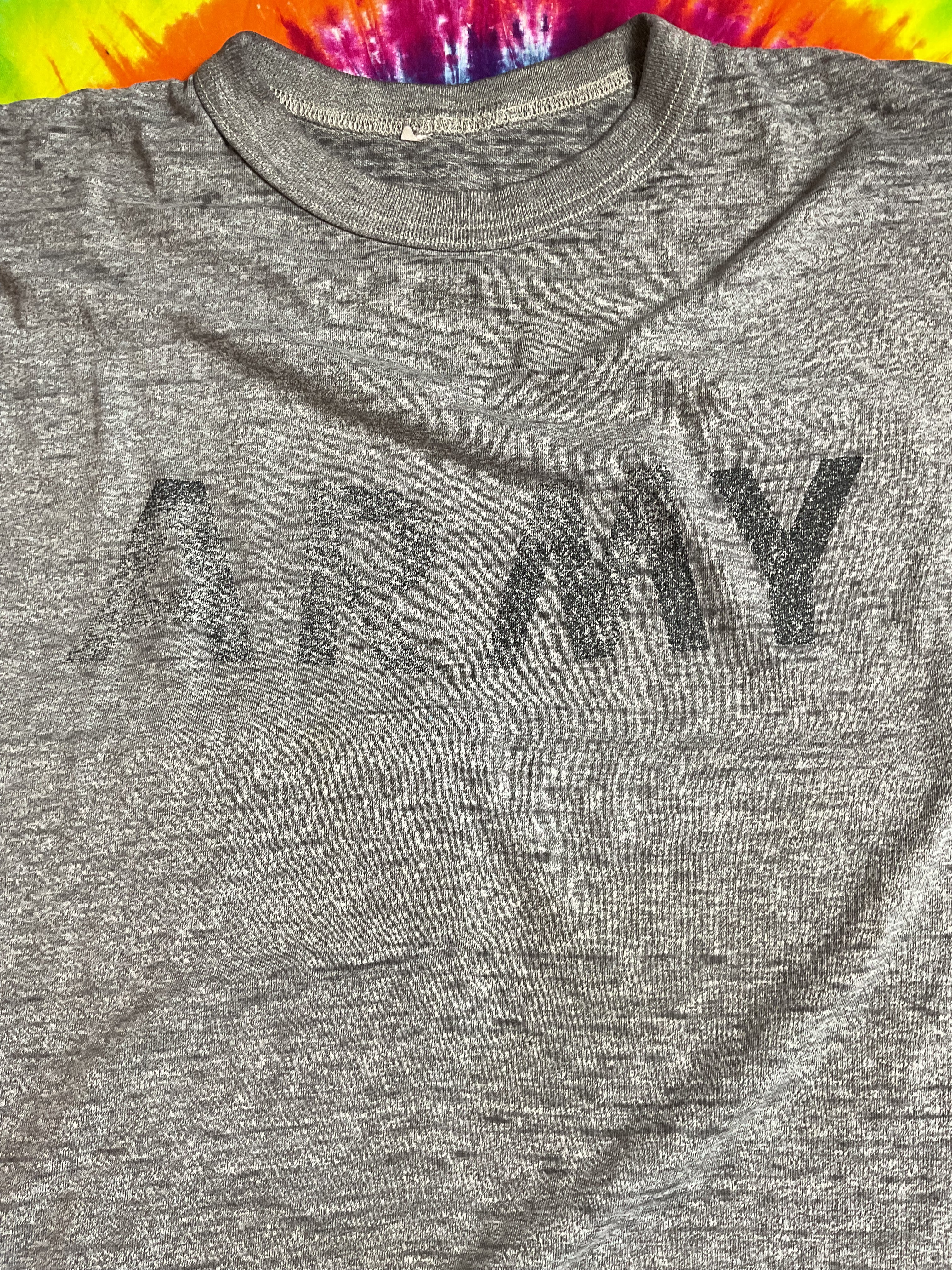 Vtg 80s US Army PT Tee Heather Gray Single Stitch Distressed L