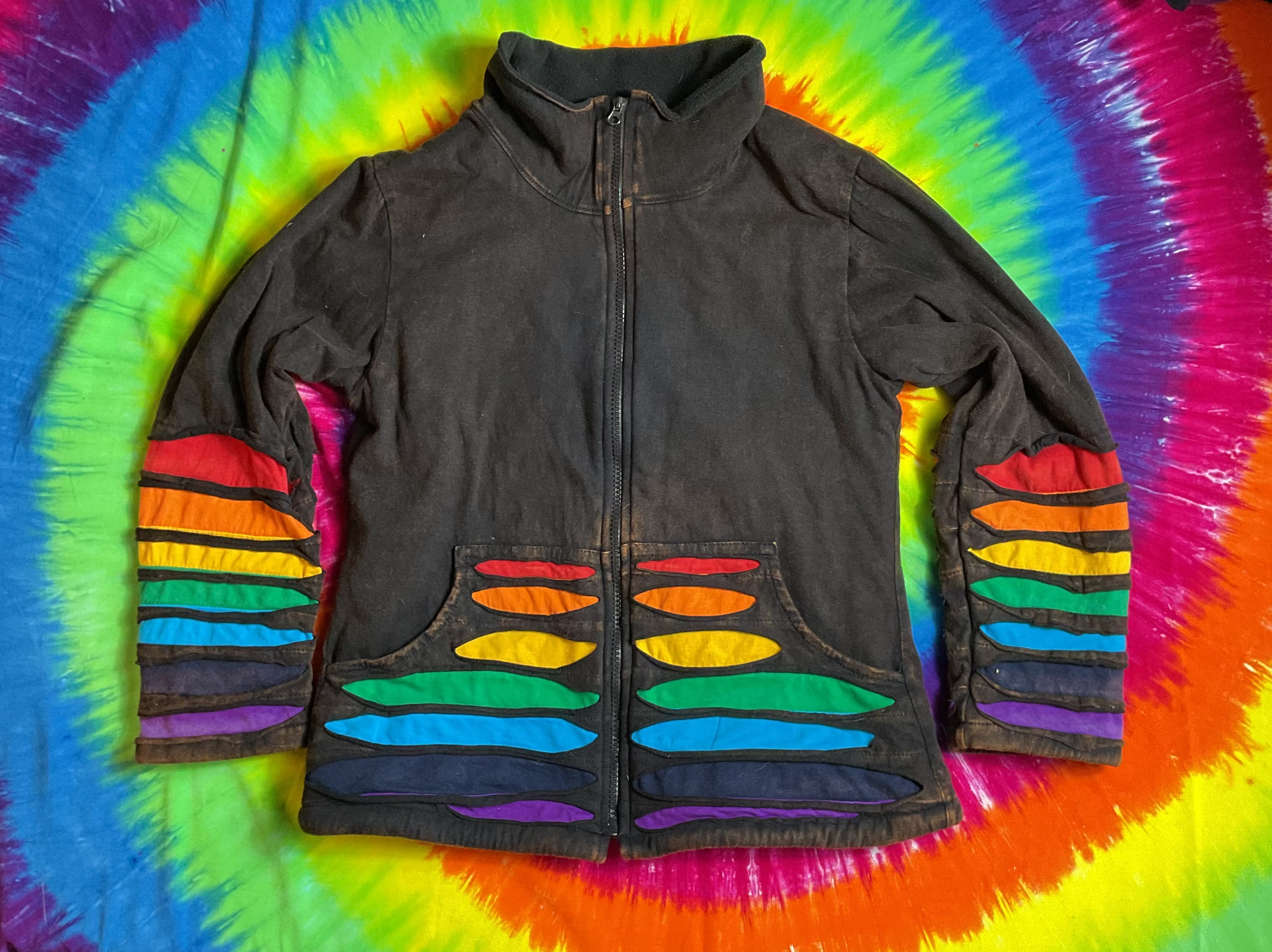 Grateful Dead Jayli Rainbow Bolt Jacket Slashed Boho Zip Small