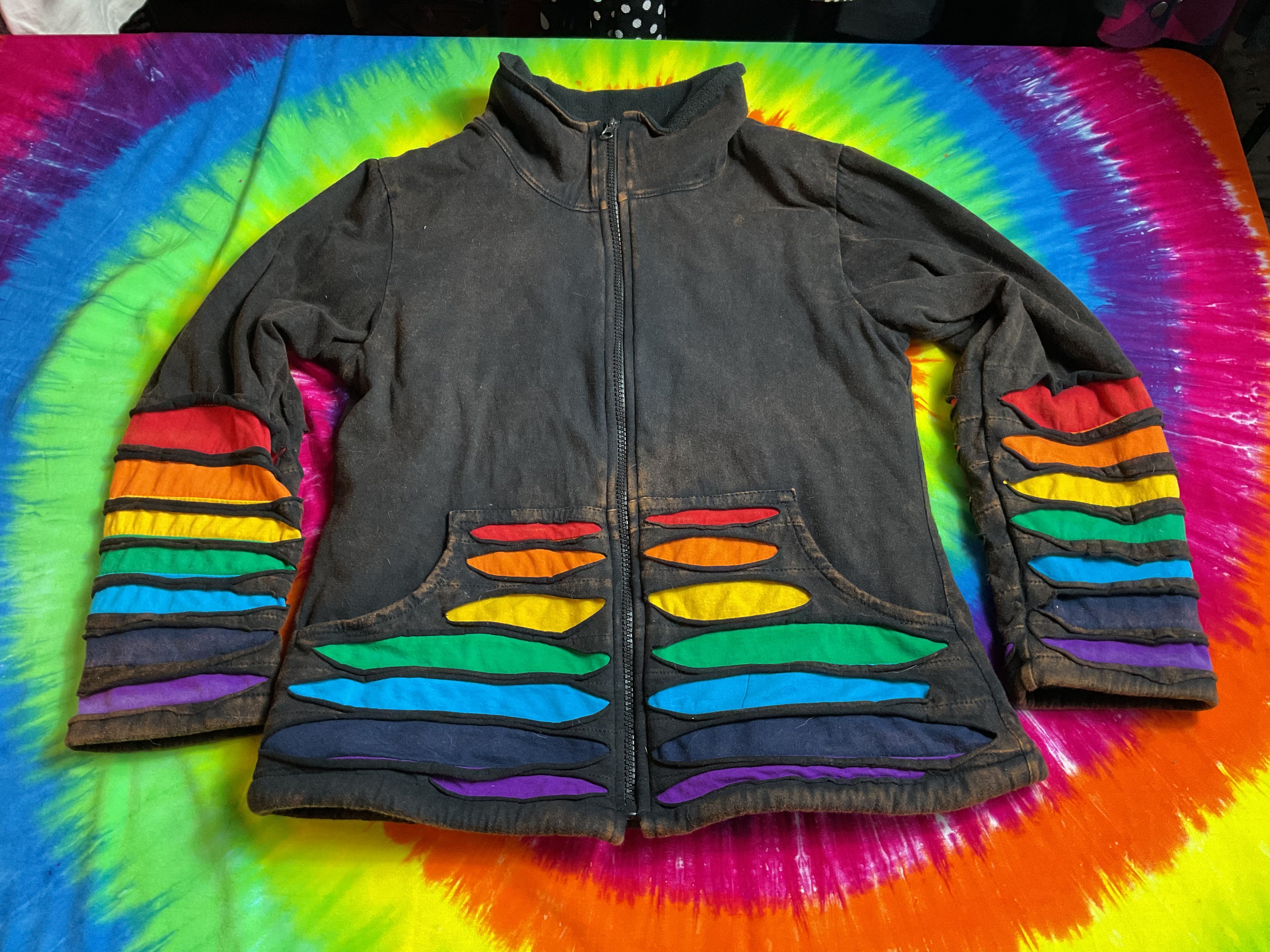 Grateful Dead Jayli Rainbow Bolt Jacket Slashed Boho Zip Small