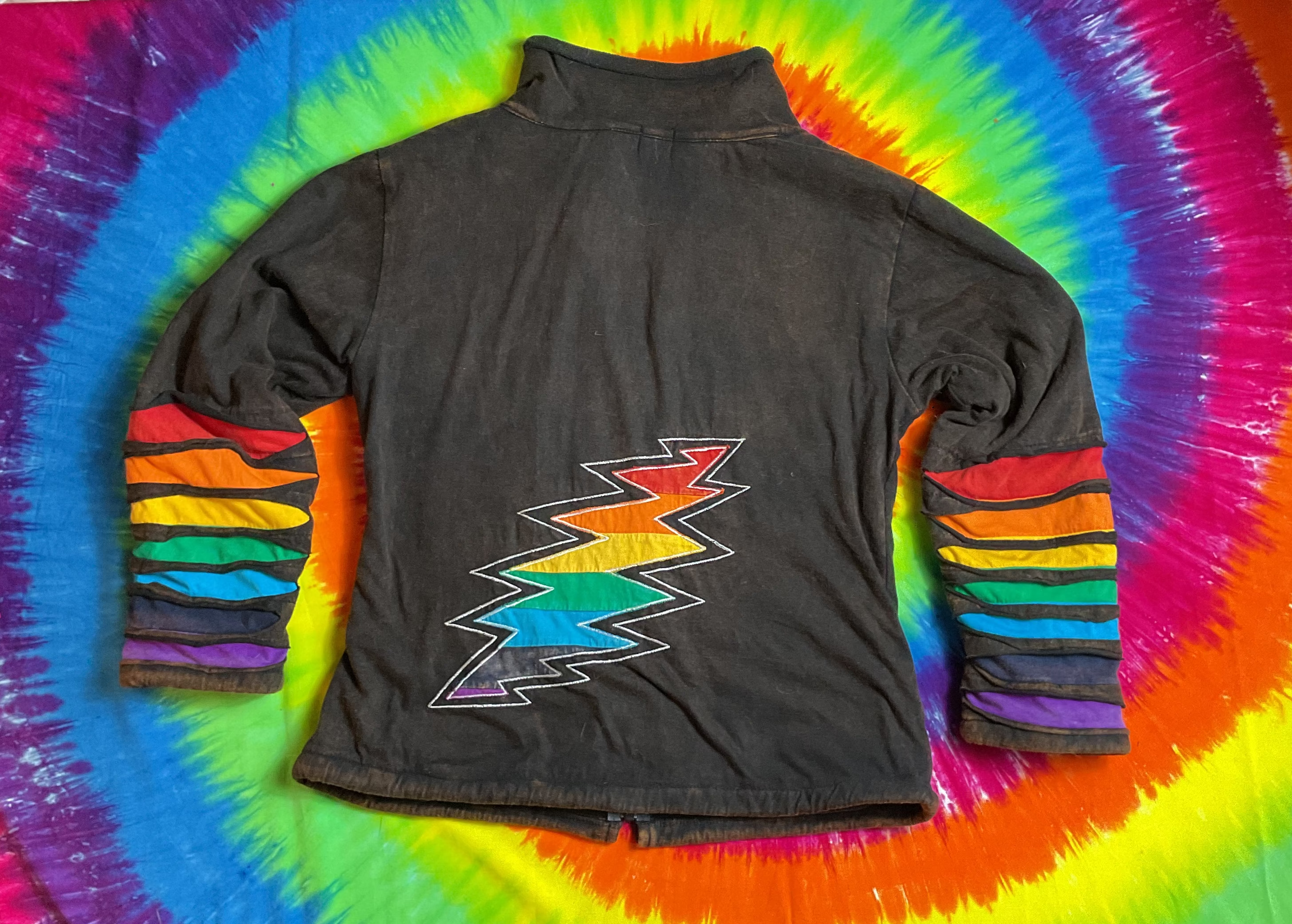 Grateful Dead Jayli Rainbow Bolt Jacket Slashed Boho Zip Small