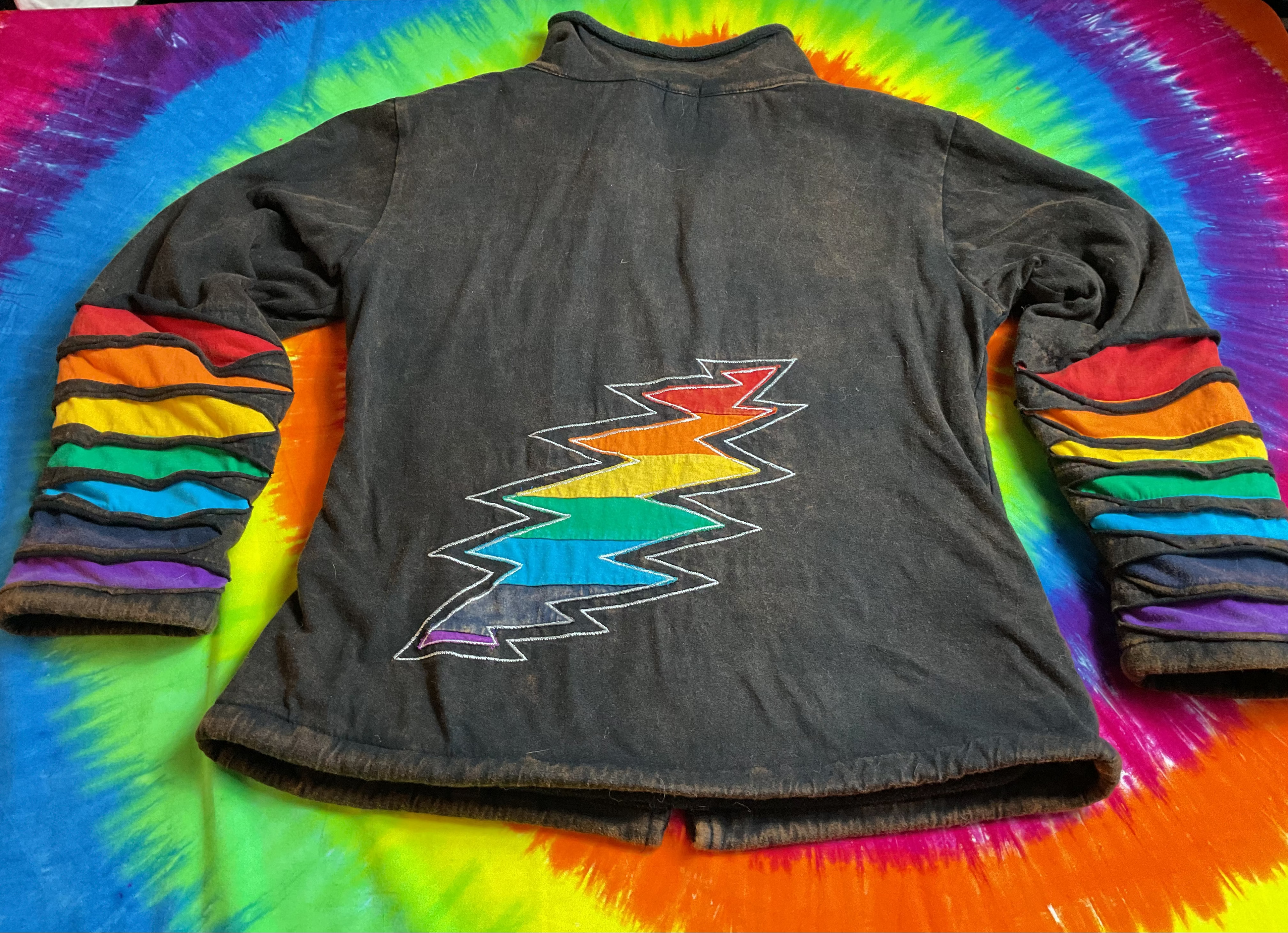 Grateful Dead Jayli Rainbow Bolt Jacket Slashed Boho Zip Small