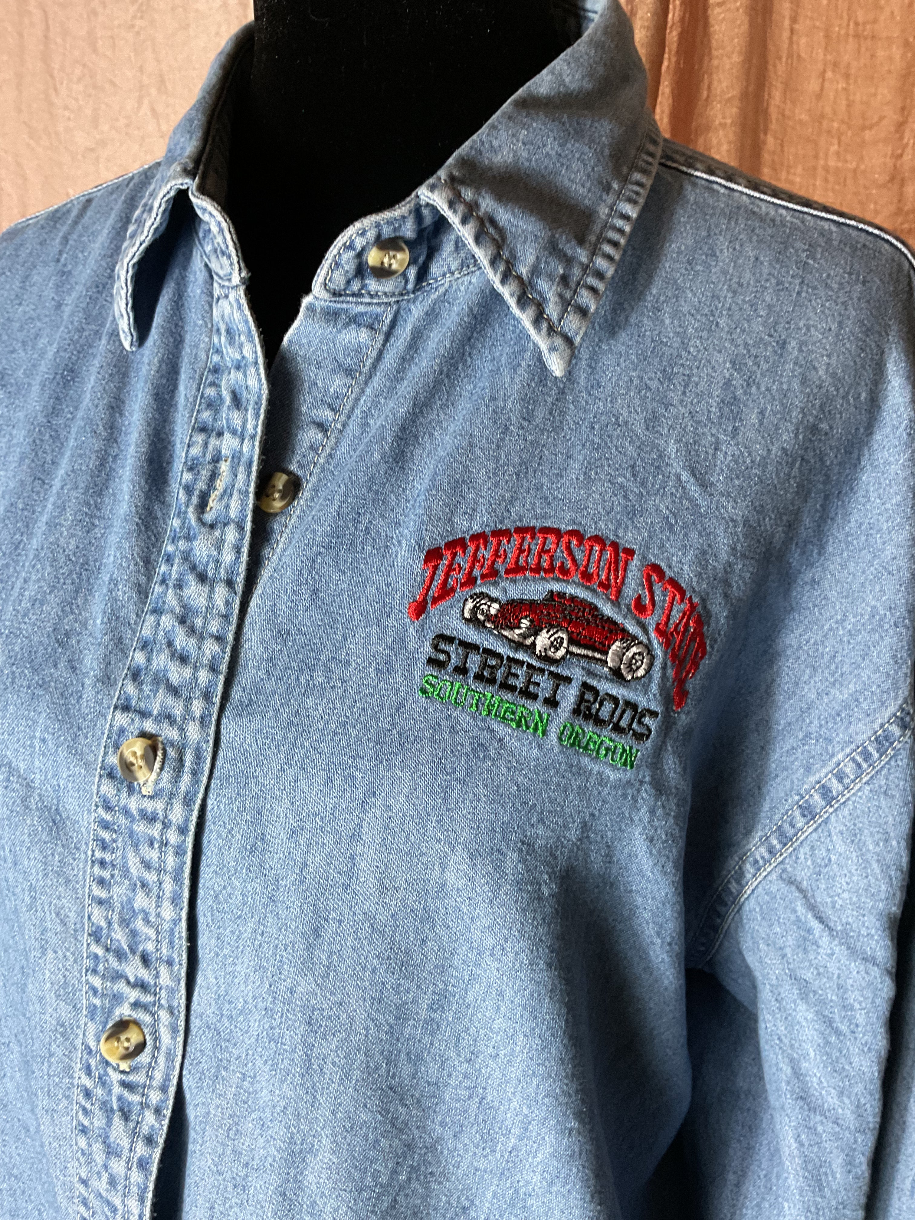 Vintage Jefferson State Street Rods Southern OR Denim Shirt XL