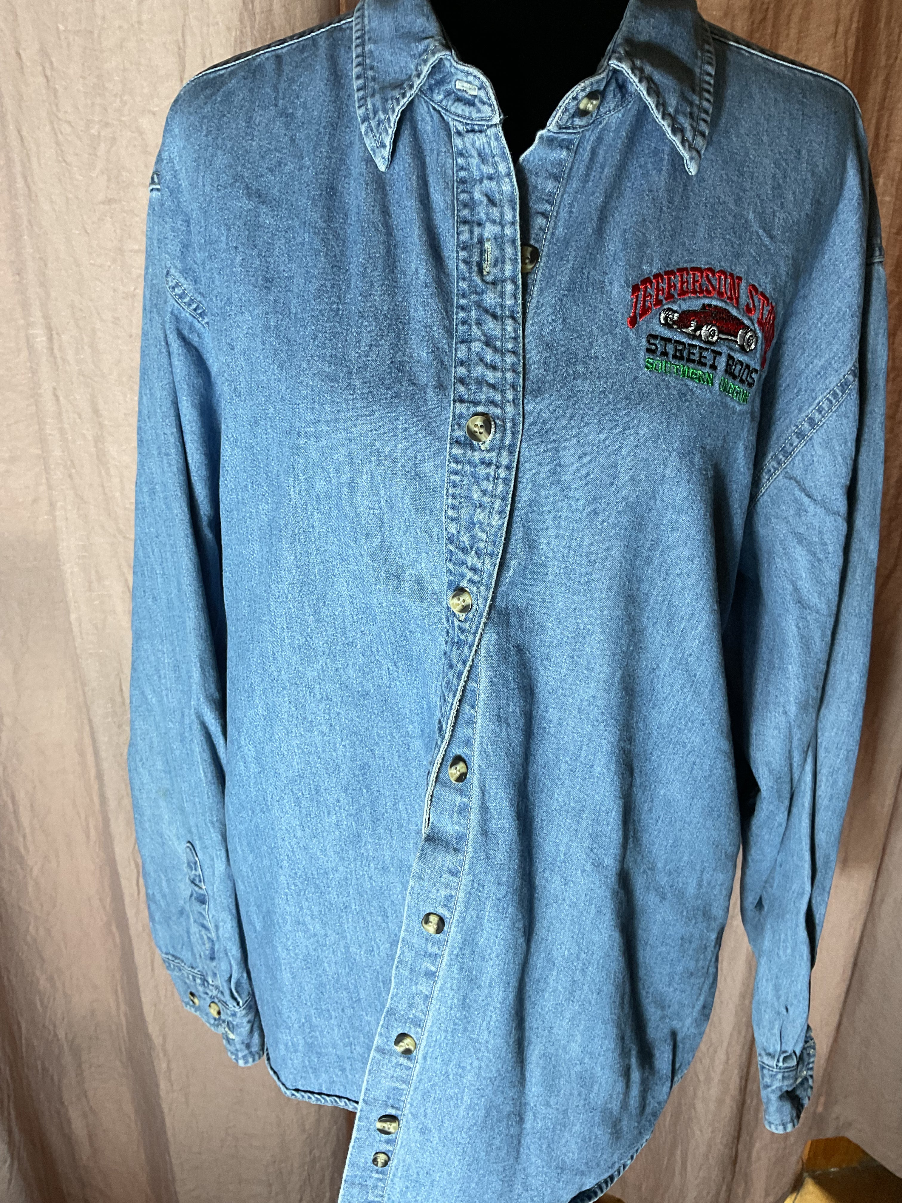 Vintage Jefferson State Street Rods Southern OR Denim Shirt XL