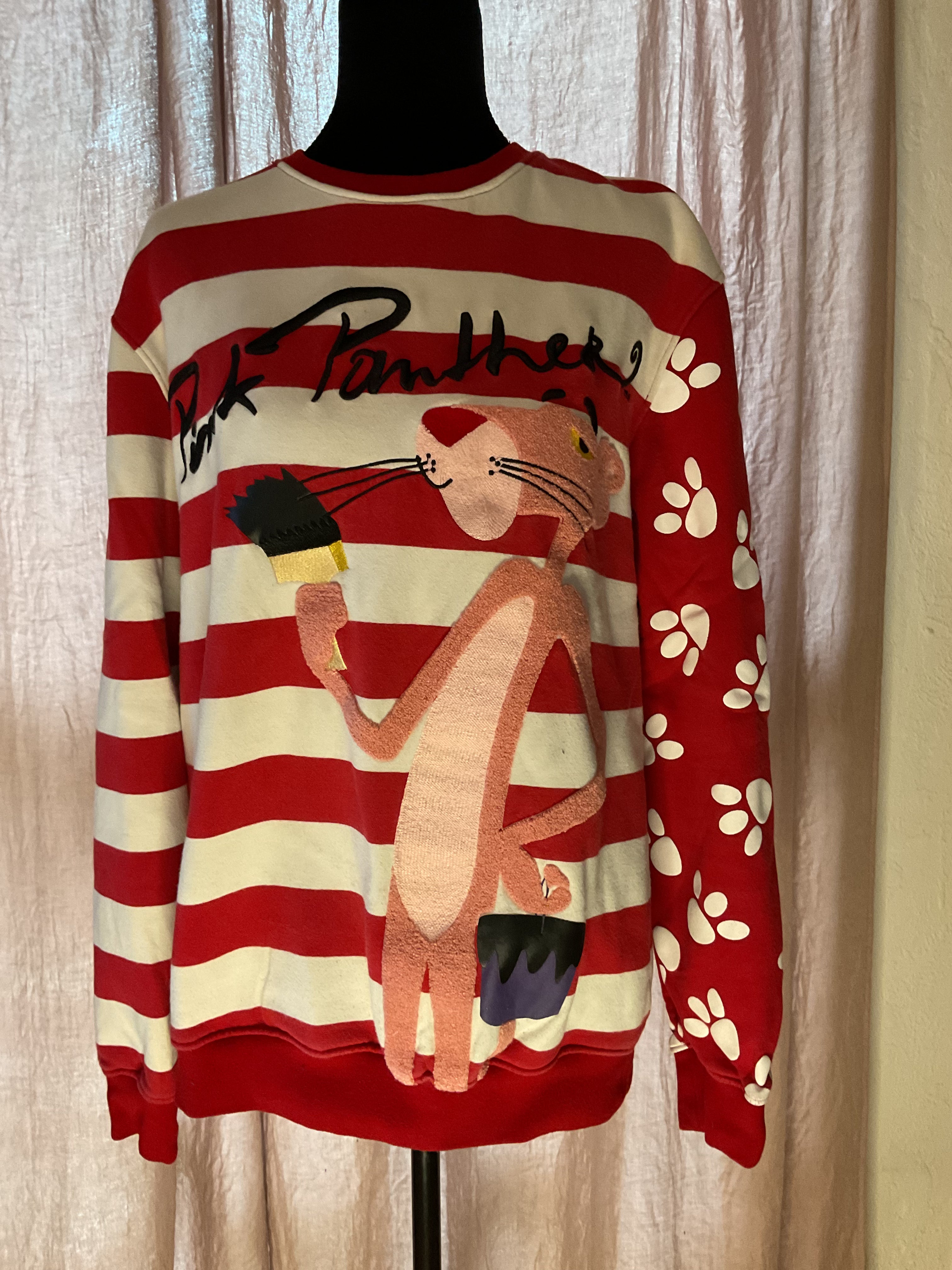 Pink Panther Striped Crewneck Sweatshirt Terry Applique Small