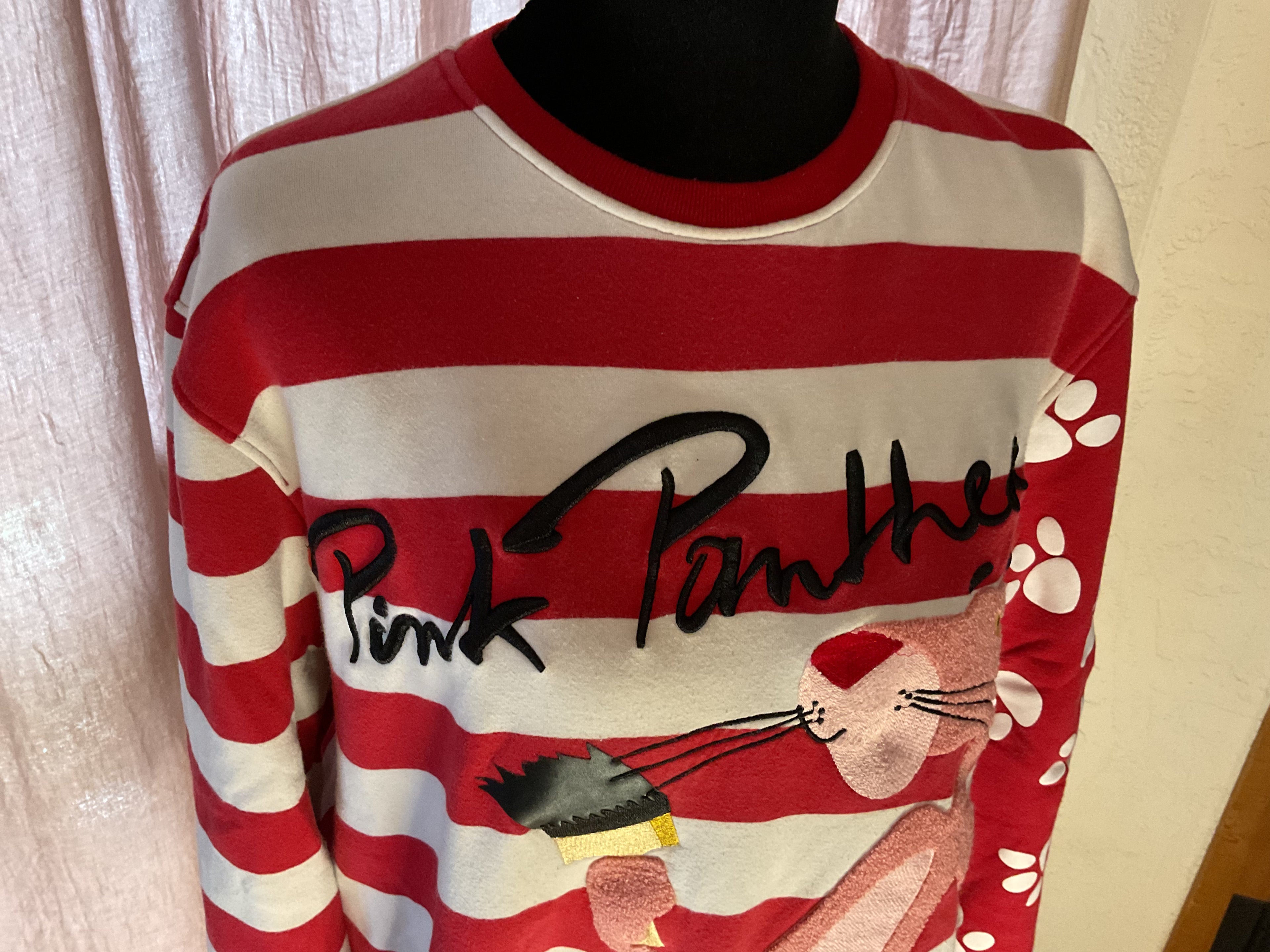 Pink Panther Striped Crewneck Sweatshirt Terry Applique Small