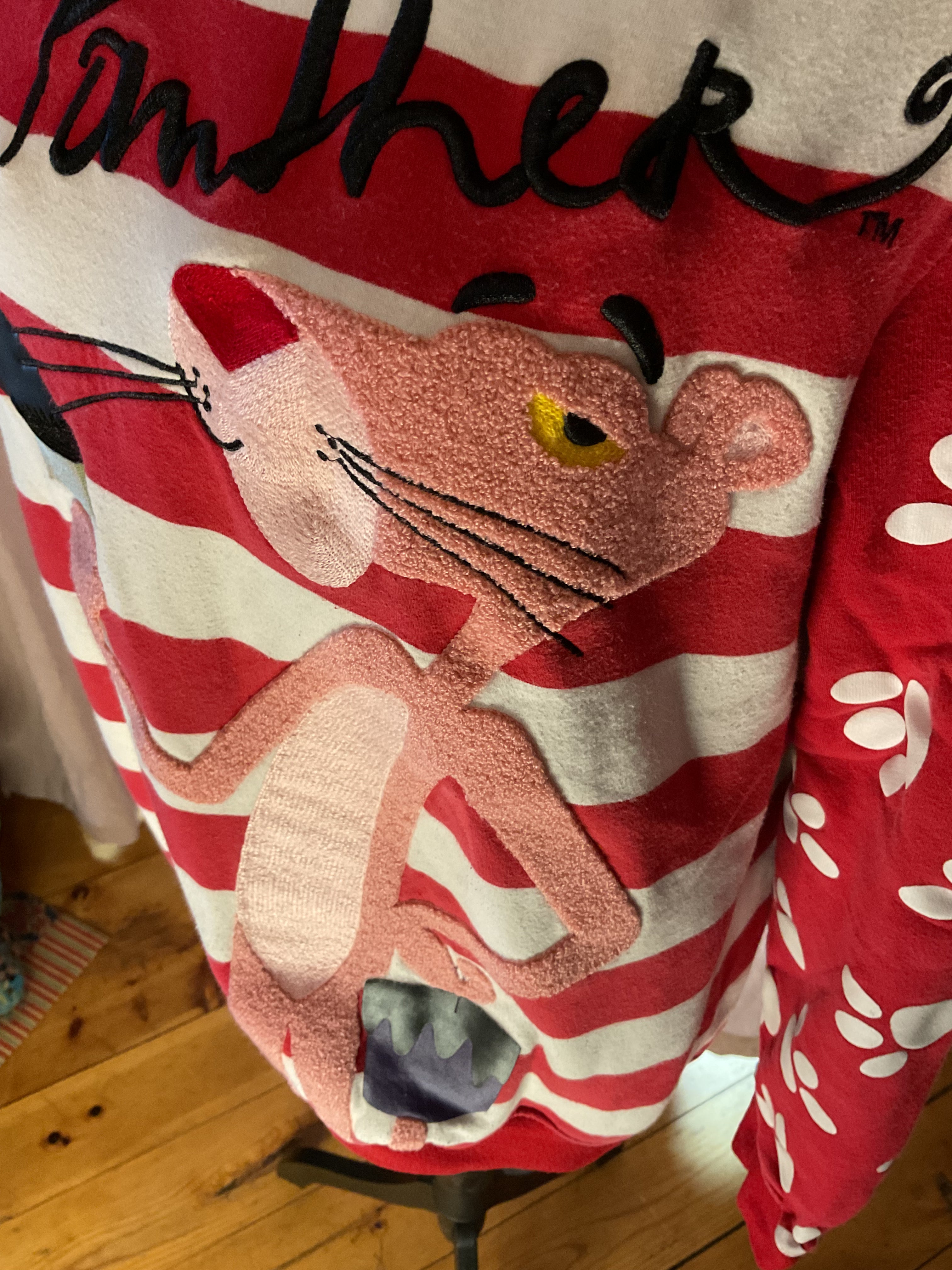 Pink Panther Striped Crewneck Sweatshirt Terry Applique Small