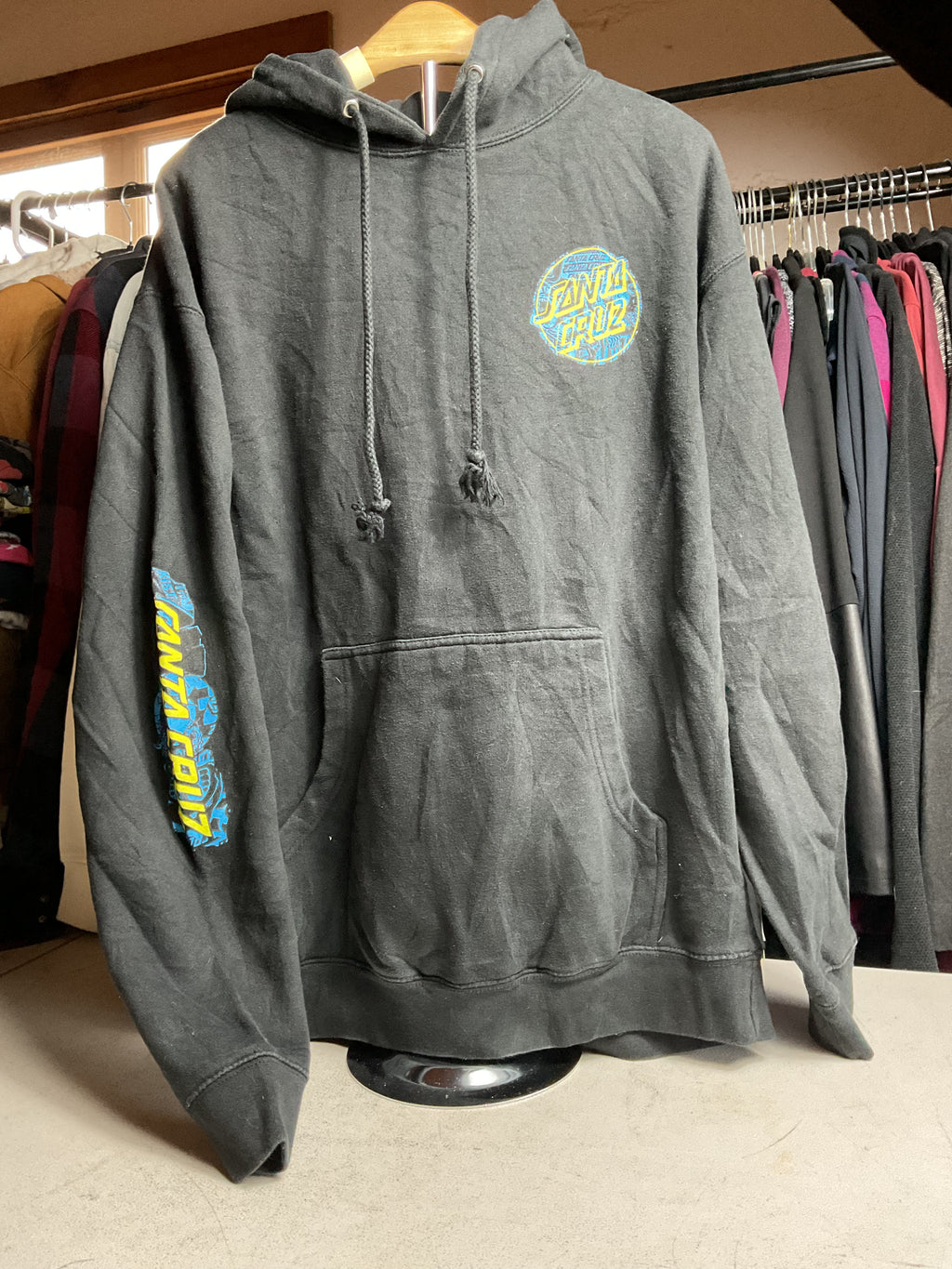 Santa Cruz Skateboards Hoodie Teal Yellow Dot Graphic Black Large