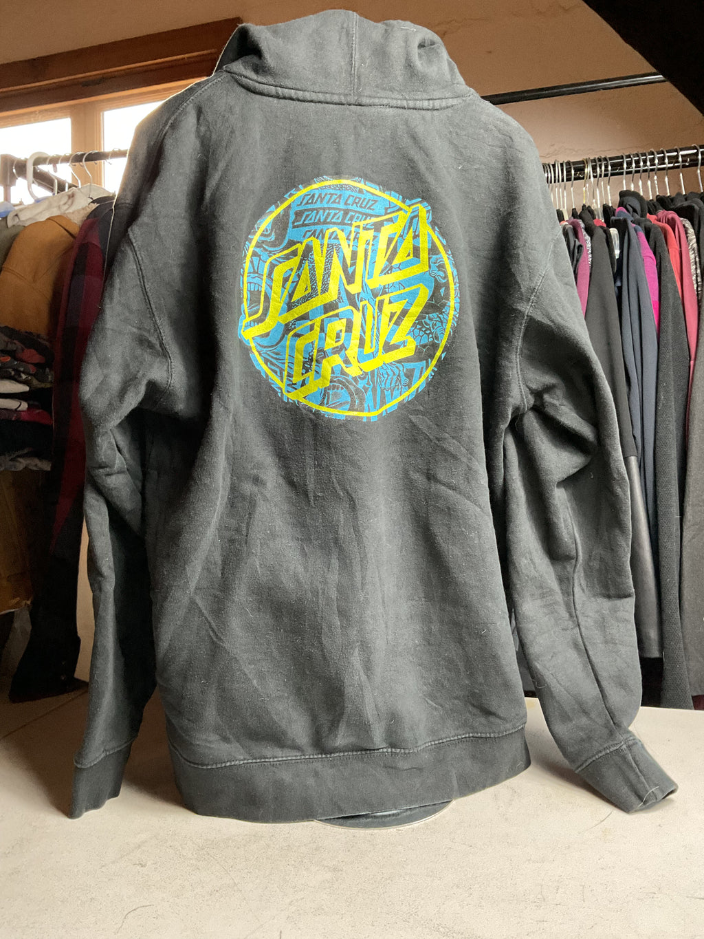 Santa Cruz Skateboards Hoodie Teal Yellow Dot Graphic Black Large