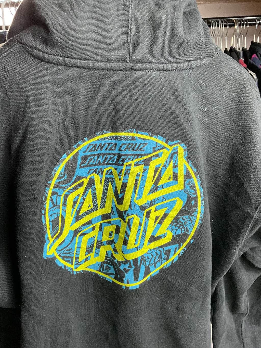 Santa Cruz Skateboards Hoodie Teal Yellow Dot Graphic Black Large