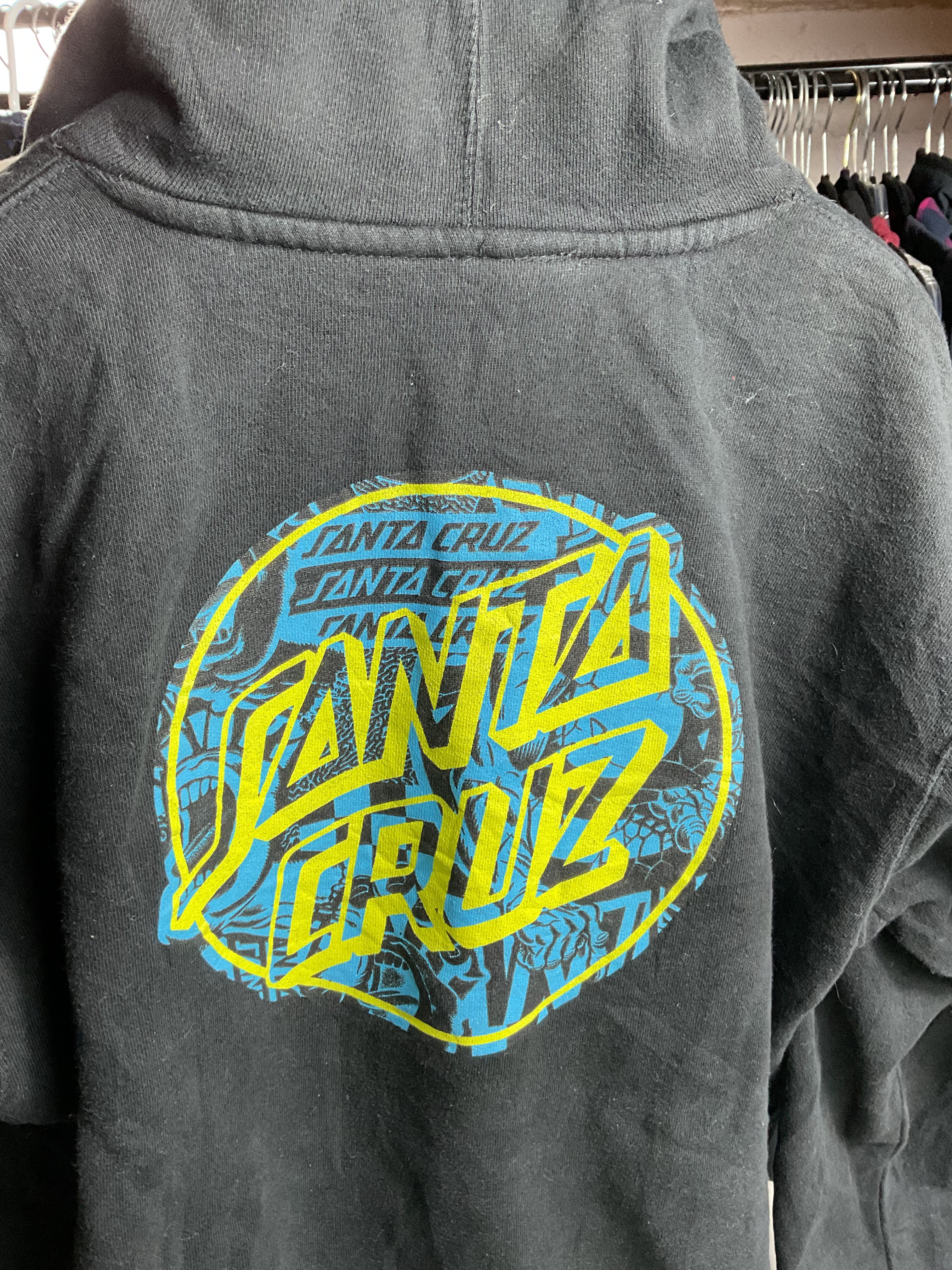 Santa Cruz Skateboards Hoodie Teal Yellow Dot Graphic Black Large