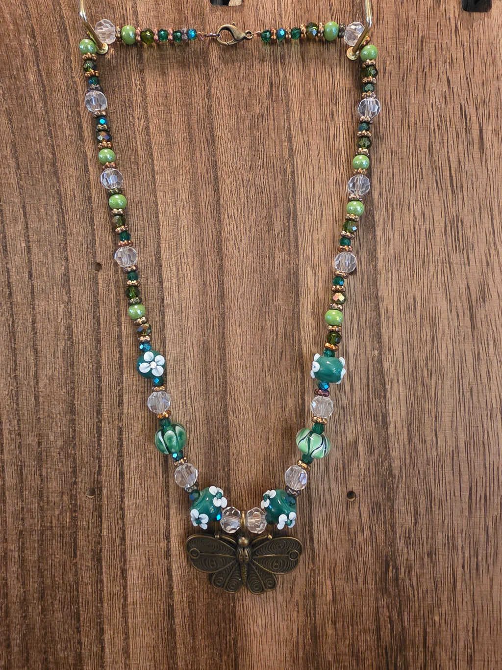 Green Lampwork Glass Moth Pendant Necklace 19" Czech Glass Floral