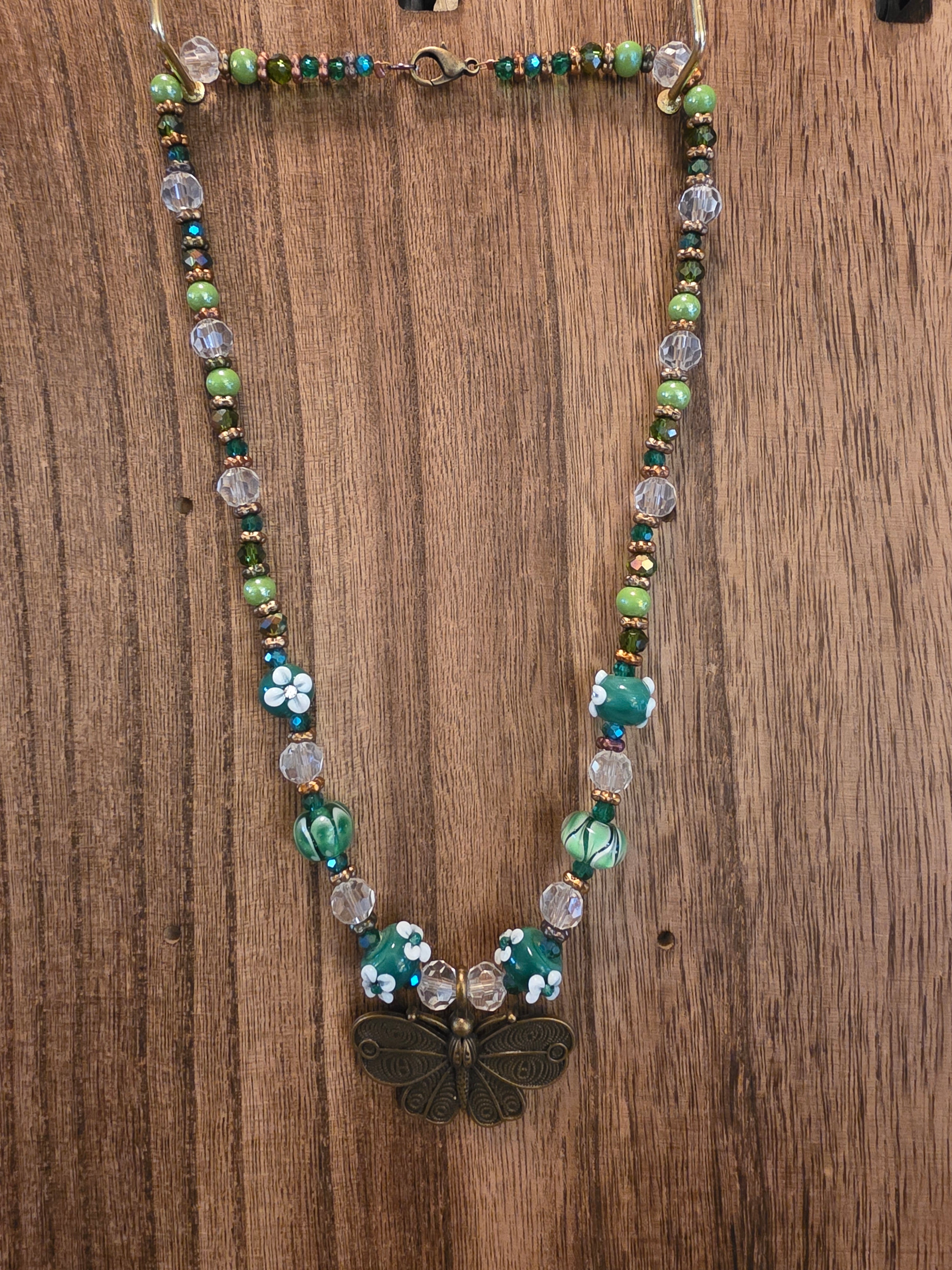 Green Lampwork Glass Moth Pendant Necklace 19" Czech Glass Floral