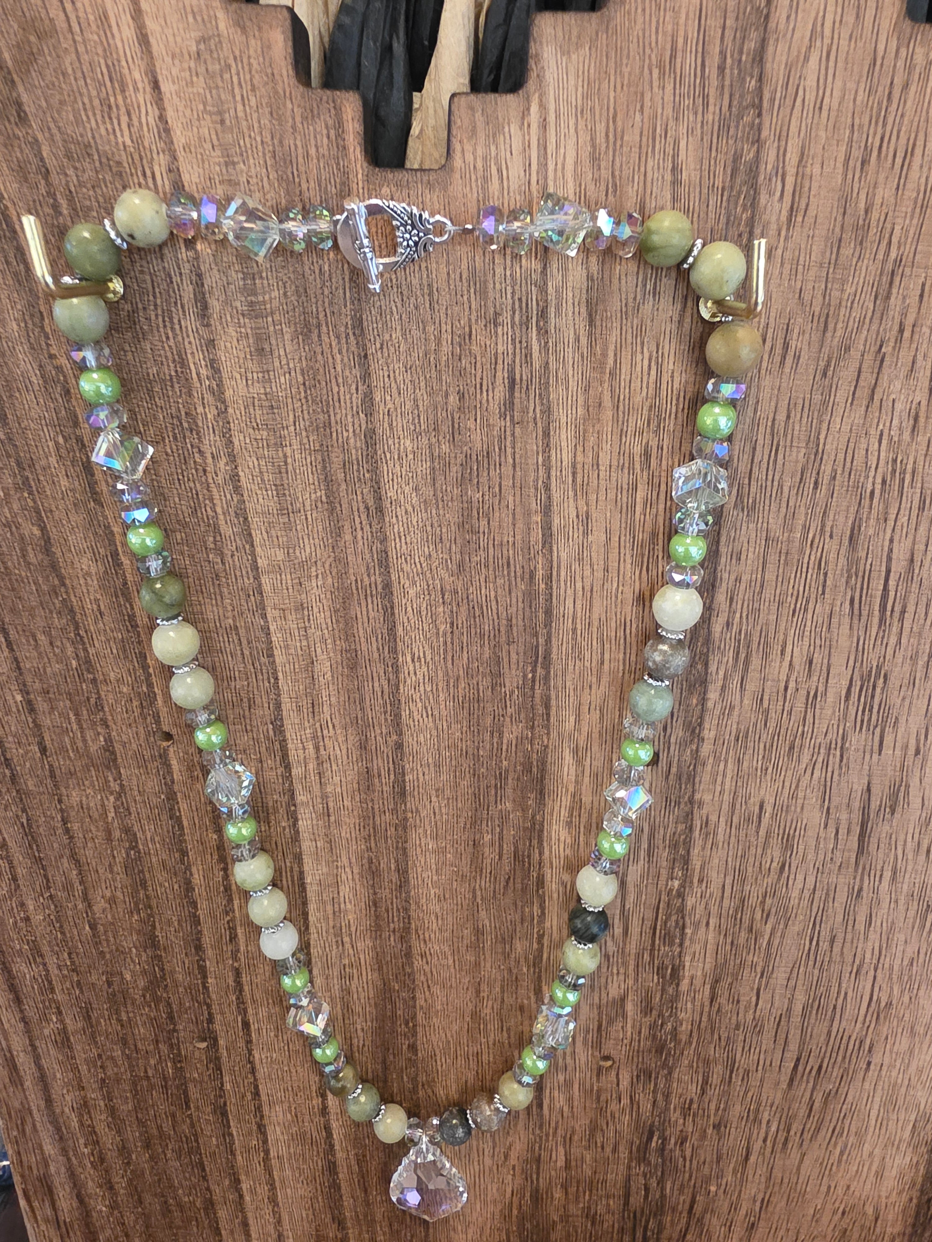 Swarovski Crystal Pendant Necklace Green Jasper & AB Beads 20"