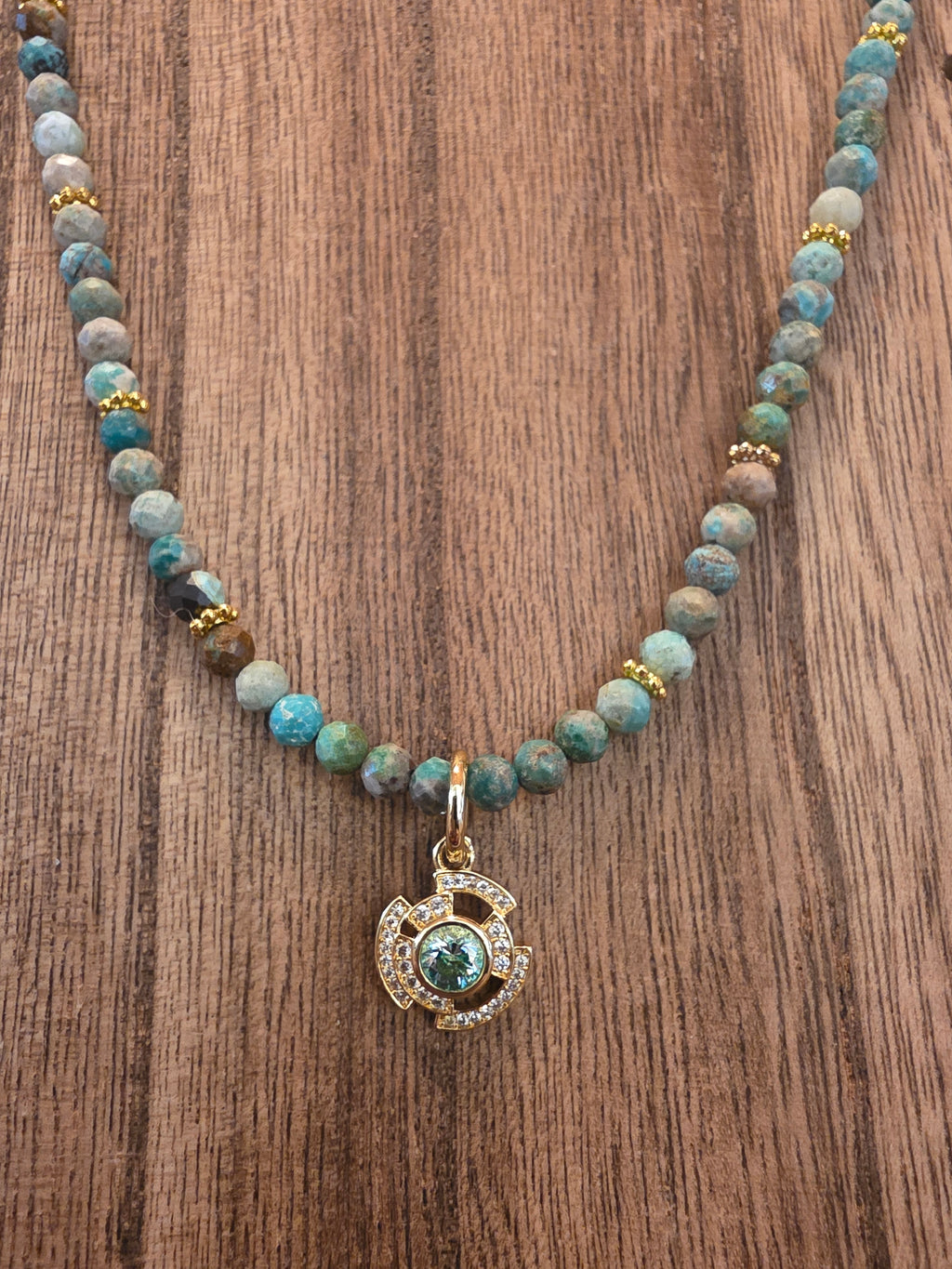 African Turquoise Faceted Beaded Necklace 17-19" Gold Tone Charm