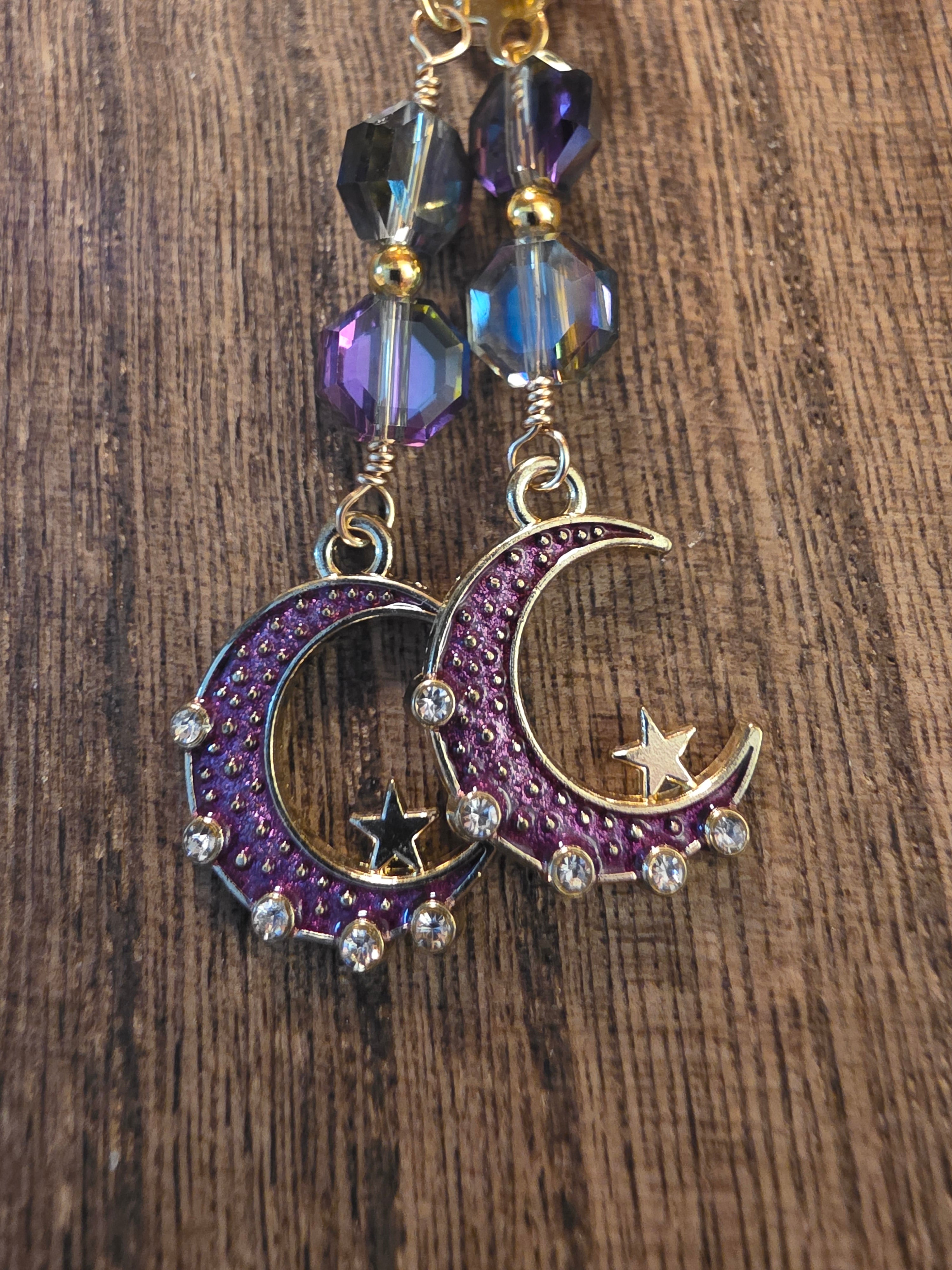 Celestial Purple Crescent Moon & Iridescent Crystal Earrings