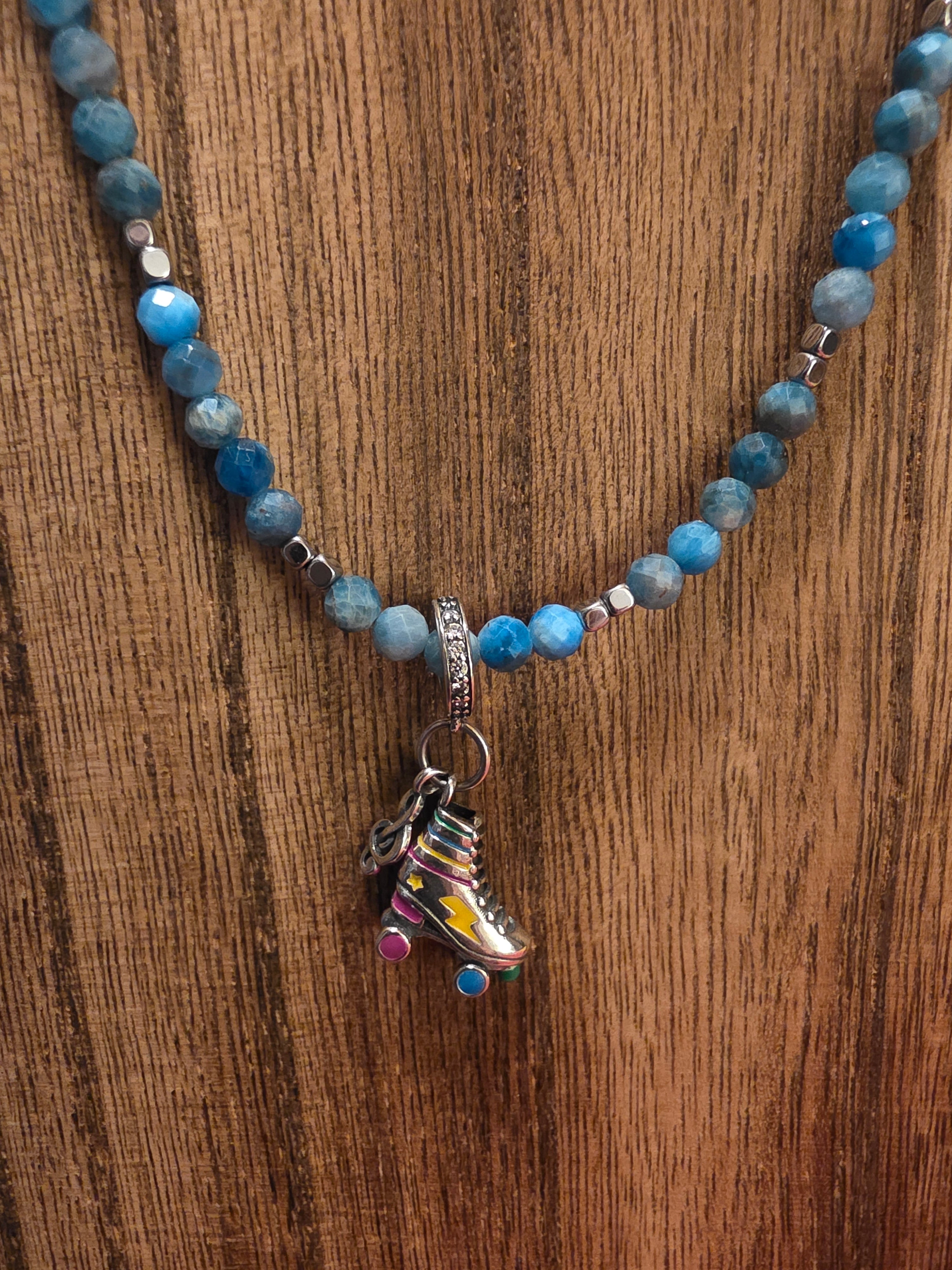 Handmade Azurite Beaded Necklace 19" Retro Roller Skate Charm Blue