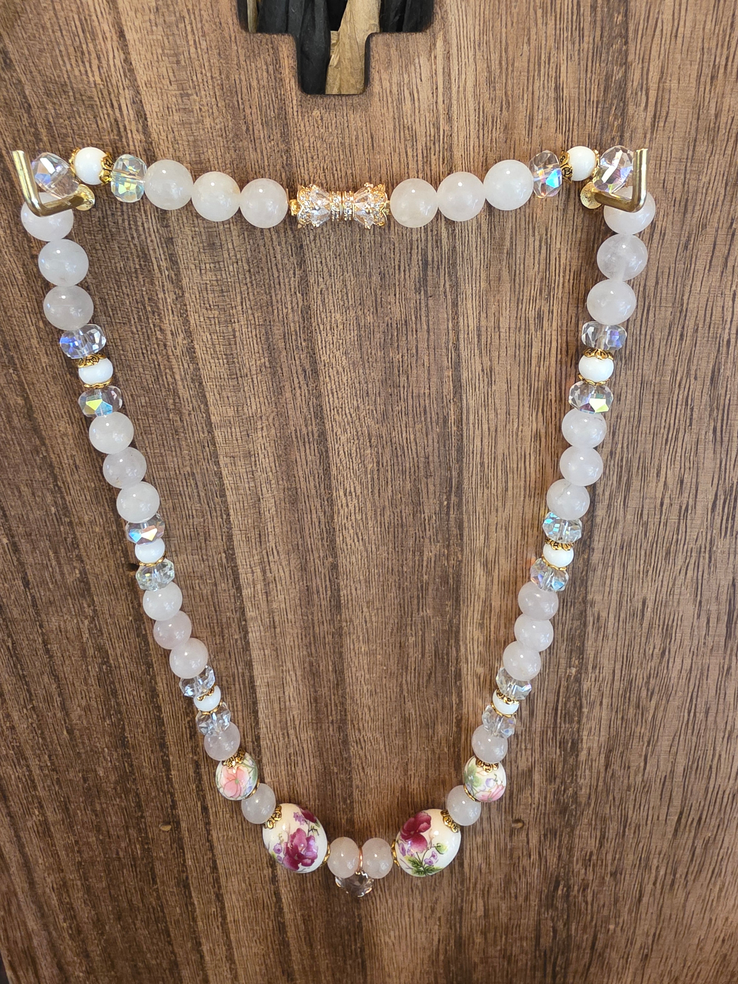 14k Gold Plated 19" Rose Quartz & Floral Porcelain Bead Necklace
