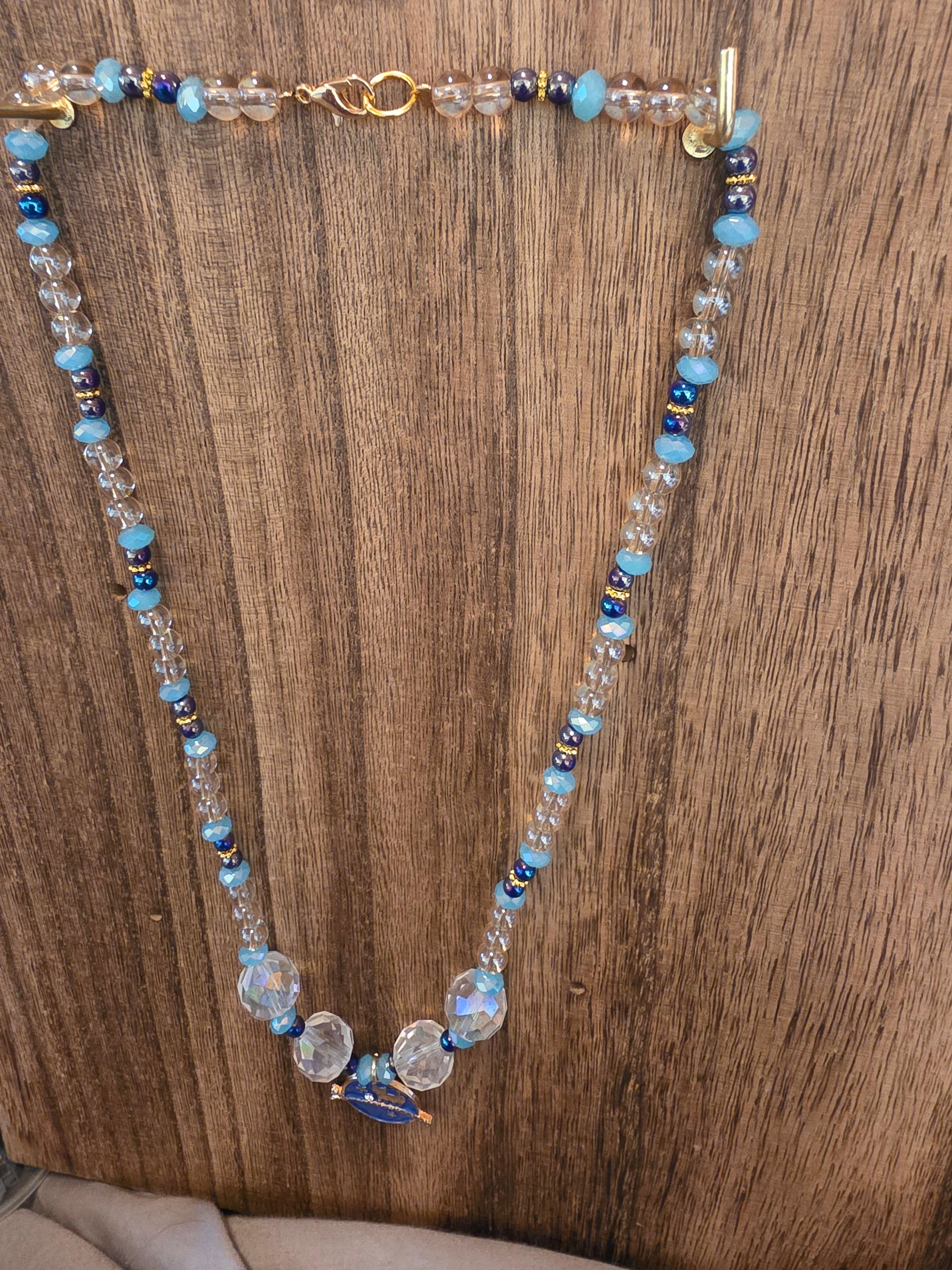 21" Celestial Blue Cat Crystal Necklace Gold Stars Moon Whimsy