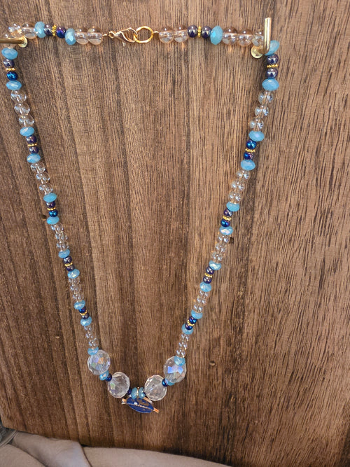 21" Celestial Blue Cat Crystal Necklace Gold Stars Moon Whimsy