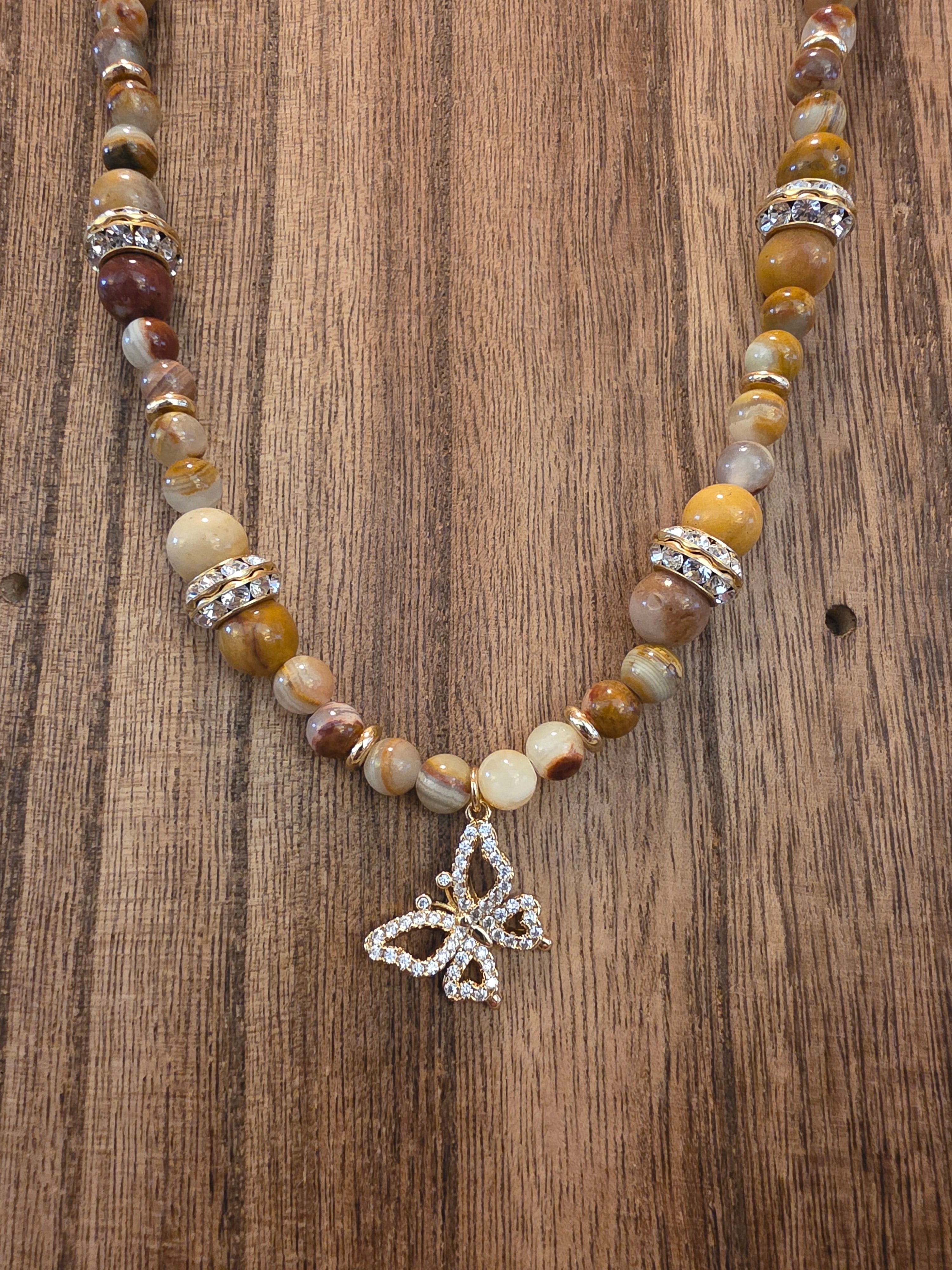 22" Banded Agate & Jasper Necklace Butterfly Pendant Sparkle