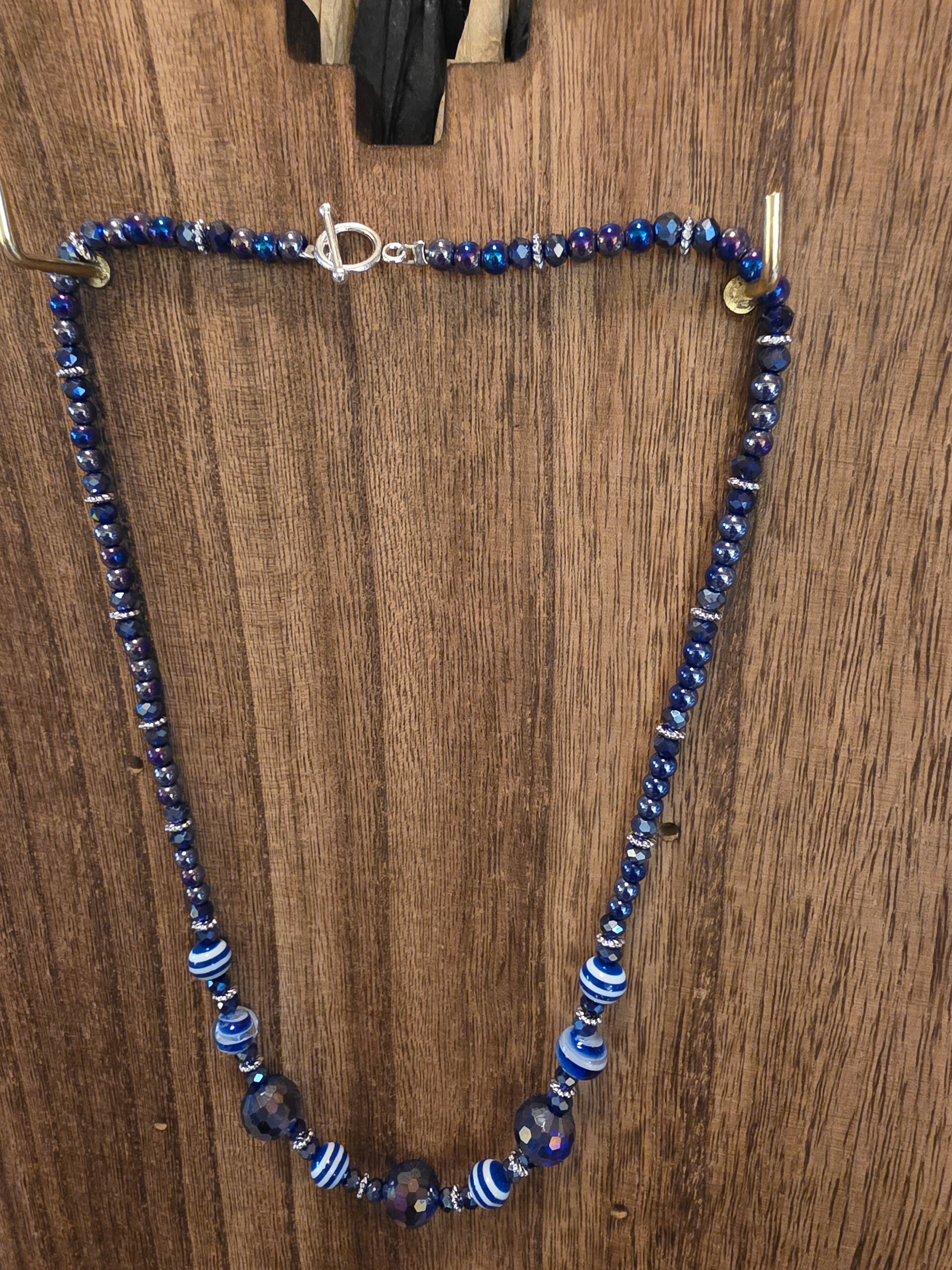 Cobalt Blue Iridescent Crystal & Striped Glass Beaded Necklace 19"