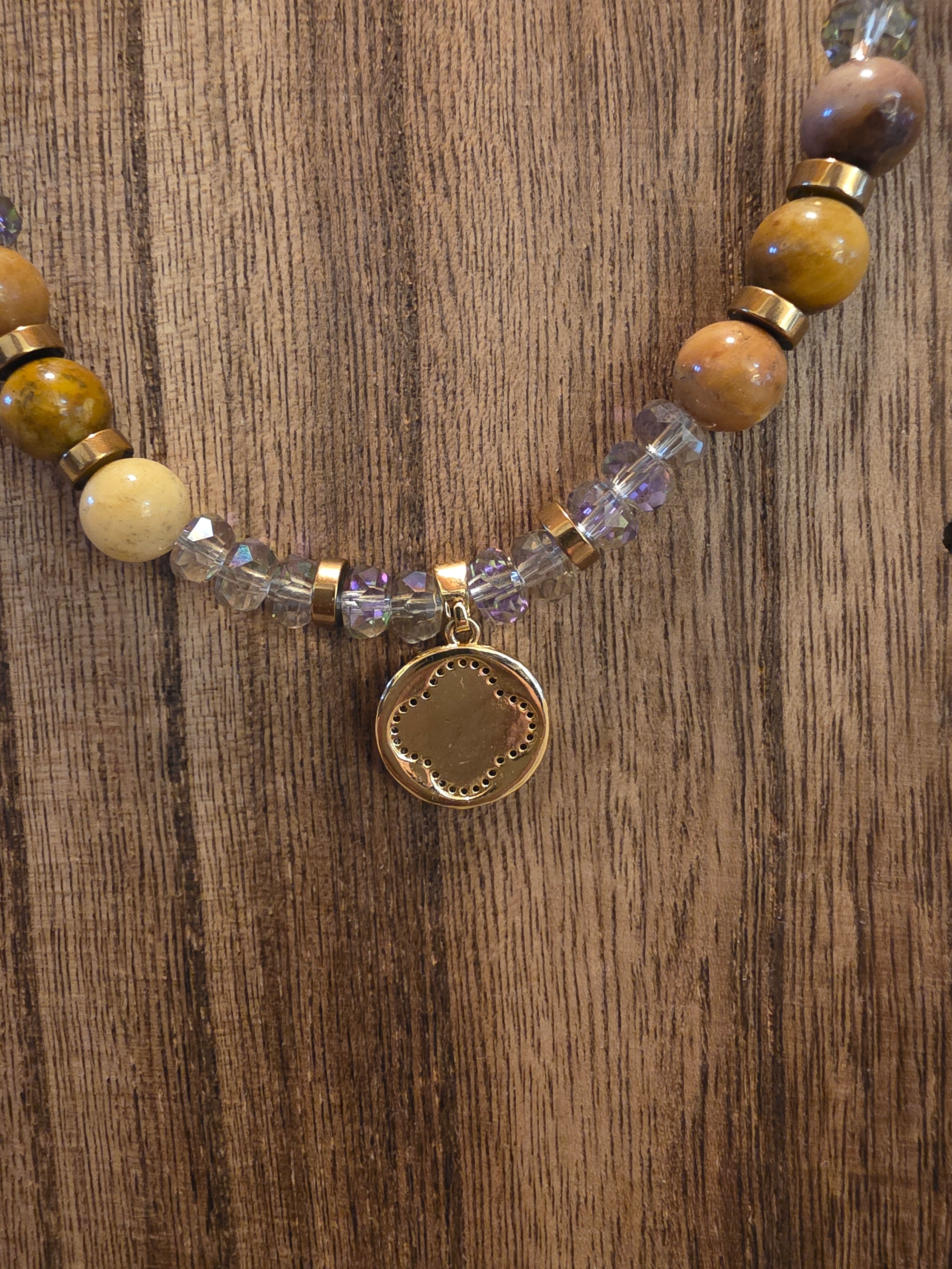 19" Yellow Jasper Mother of Pearl Clover Beaded Crystal Necklace