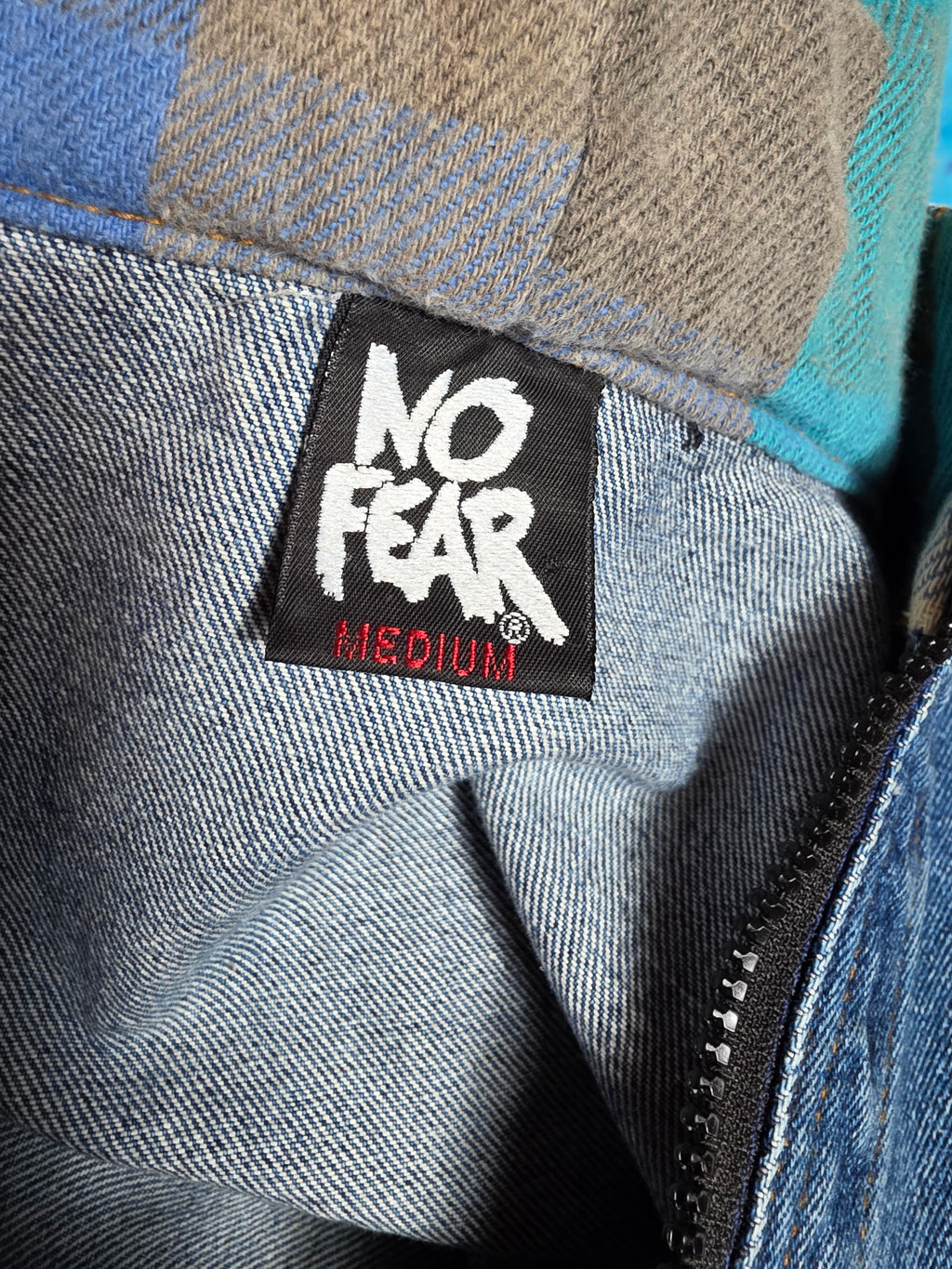 Vtg 90s No Fear Denim Anorak Jacket Medium Flannel Lined Hood