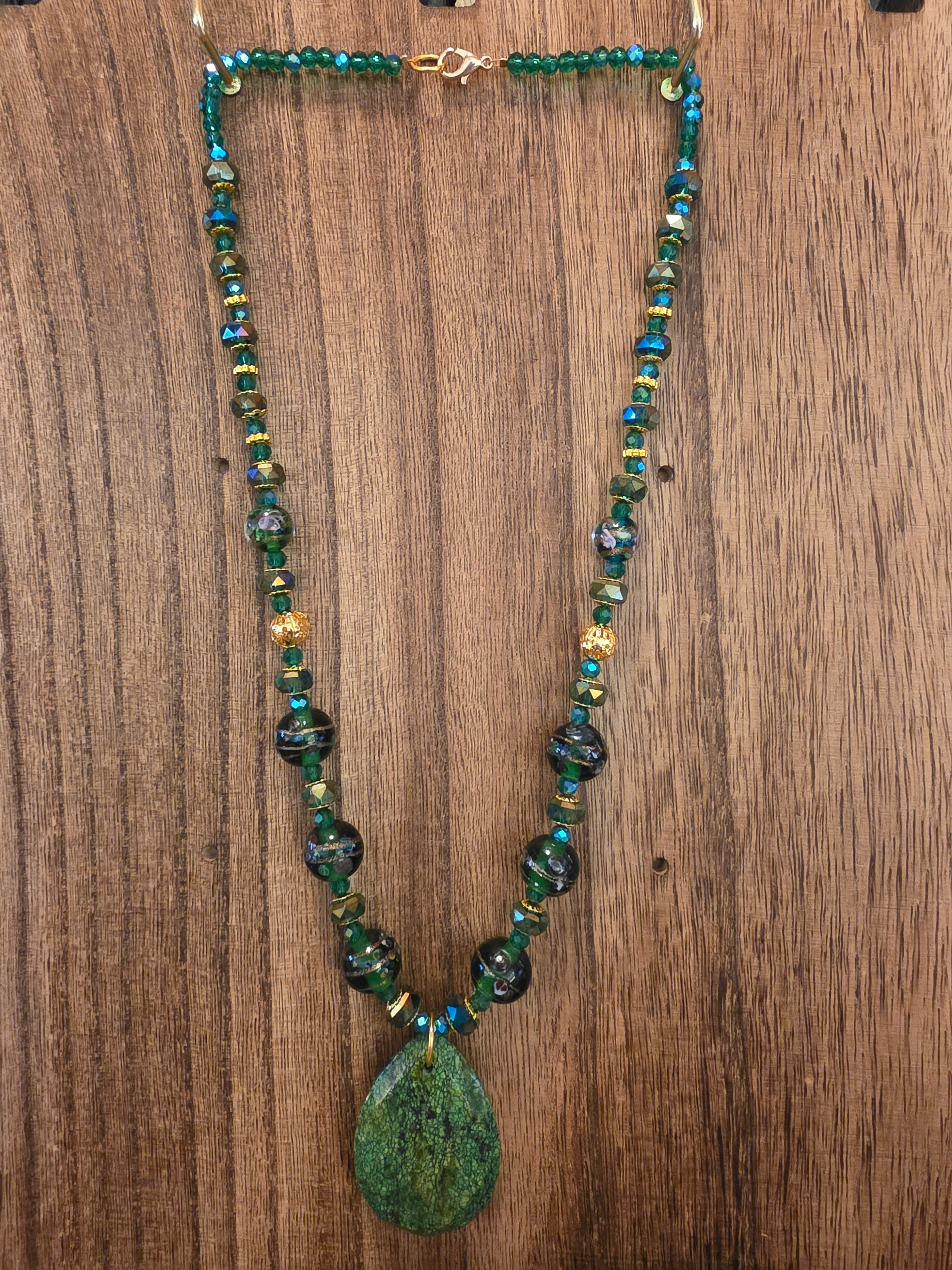 21" Vintage India Lampwork Green Jasper Teardrop Necklace