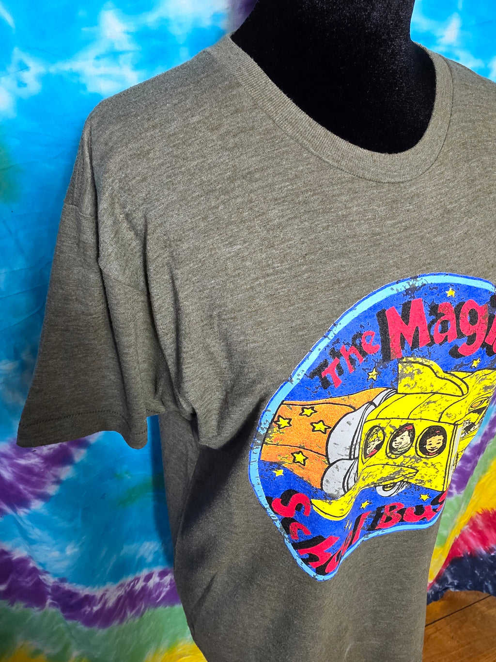 Vintage Magic School Bus Graphic T-Shirt Army Green Large