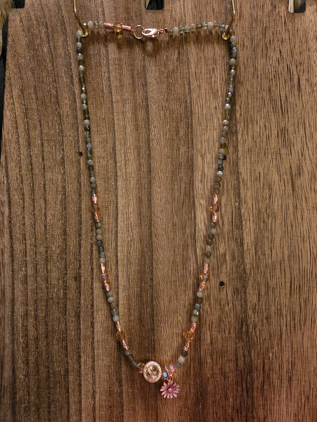 Labradorite & Rose Gold Tone Necklace with Pink Daisy Charm
