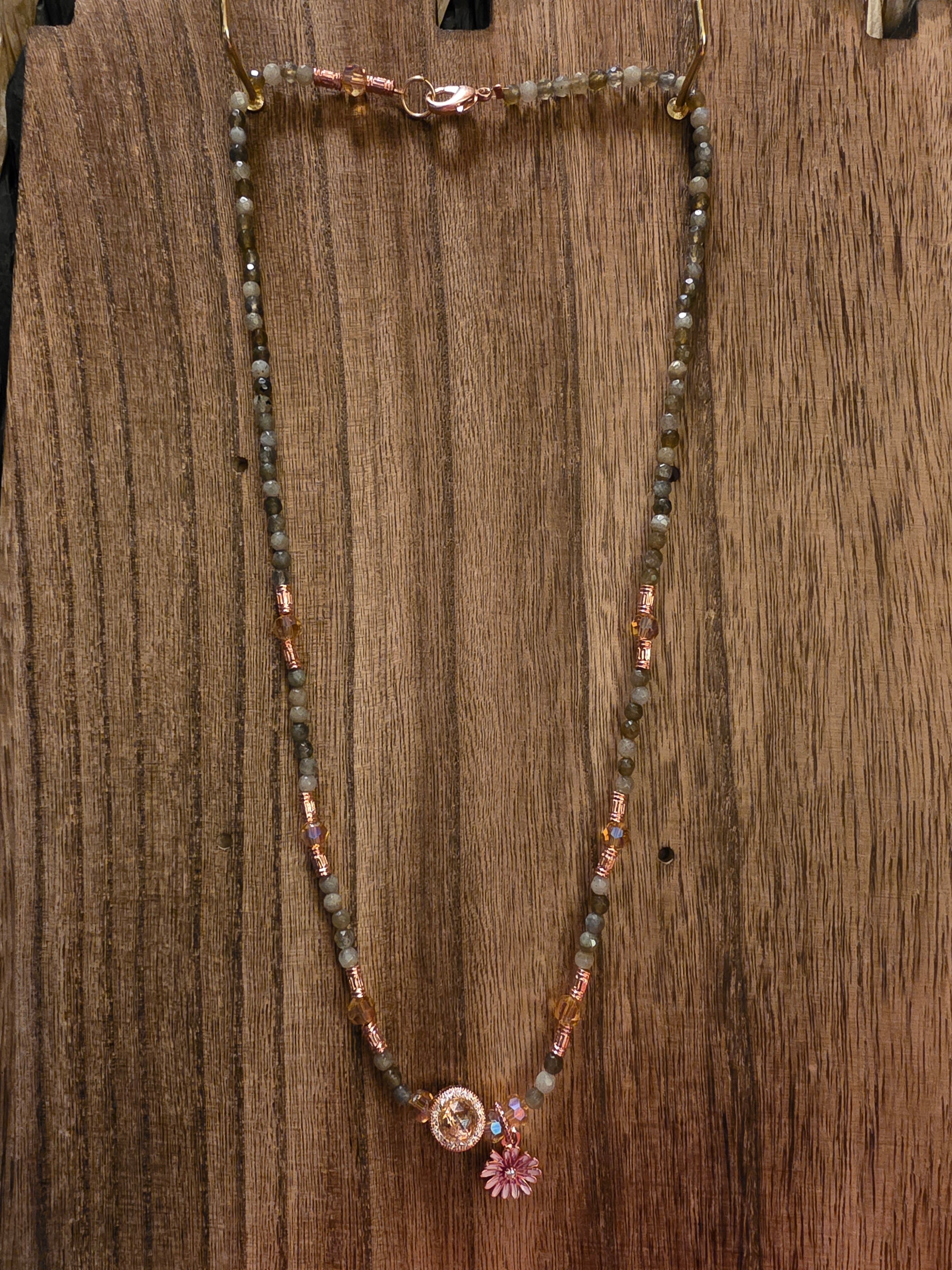 Labradorite & Rose Gold Tone Necklace with Pink Daisy Charm