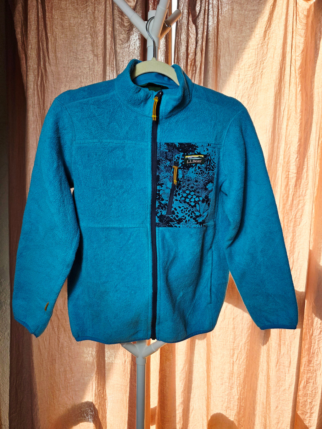 LL Bean Kids Fleece Full Zip Jacket Blue Floral Pocket Kids L