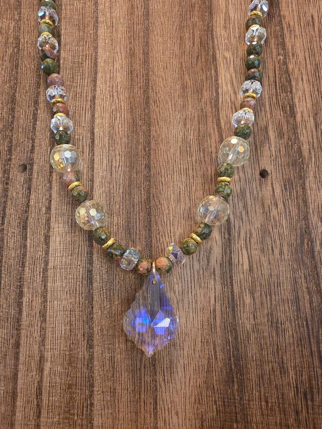 Faceted Unakite & Swarovski Crystal Pendant Necklace 21" Gold