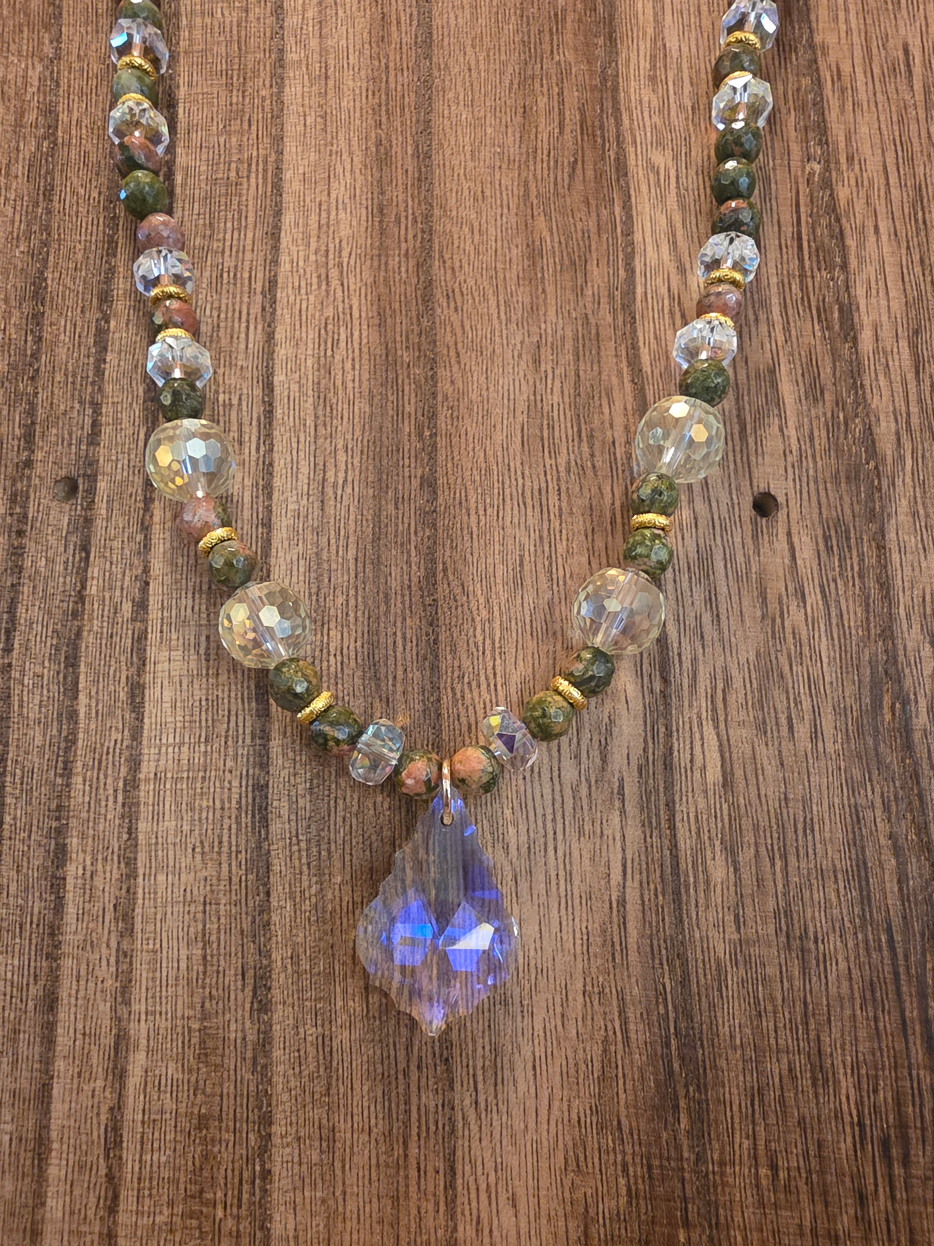 Faceted Unakite & Swarovski Crystal Pendant Necklace 21" Gold