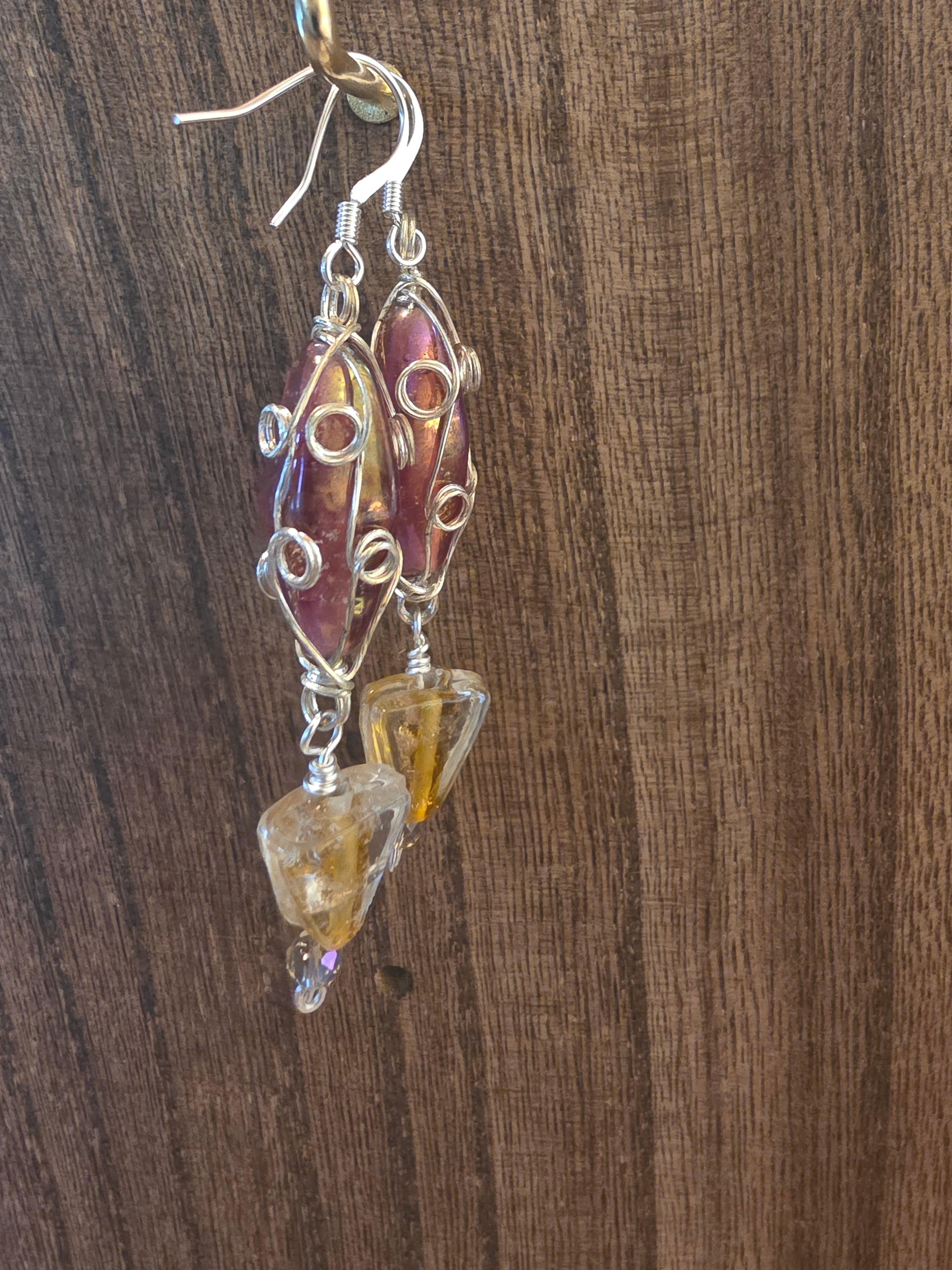 Vintage India Glass Wire Wrapped Statement Dangle Earrings