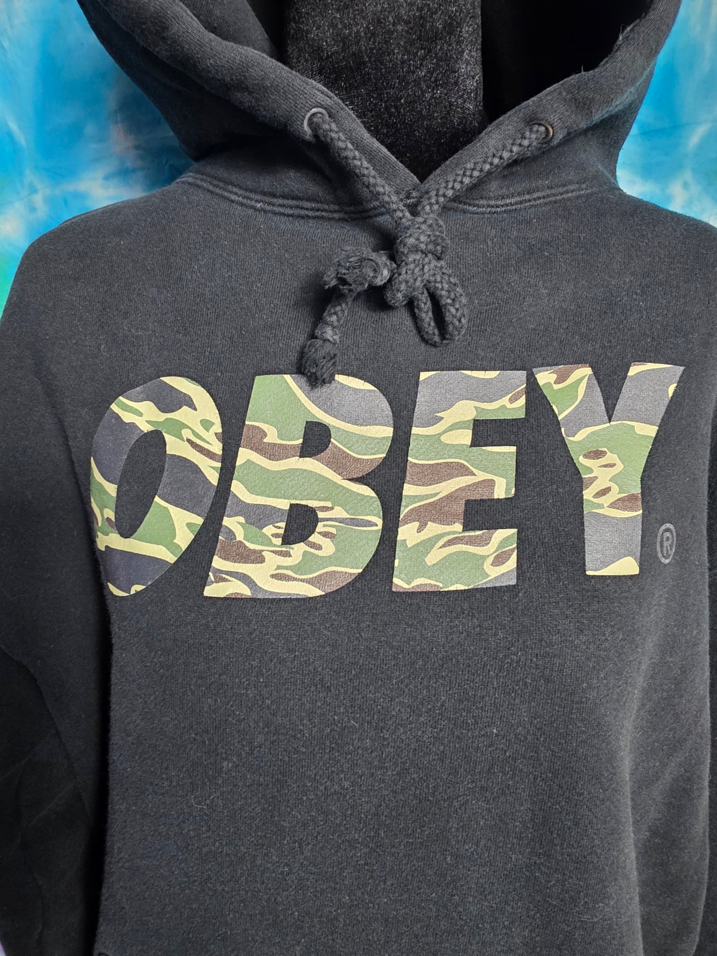 Obey Camo Logo Black Hoodie Sweatshirt Size Medium