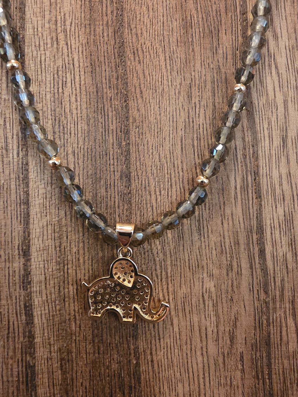 Smoky Quartz Elephant Necklace 18" + 2" Extension Gold Tone Pave