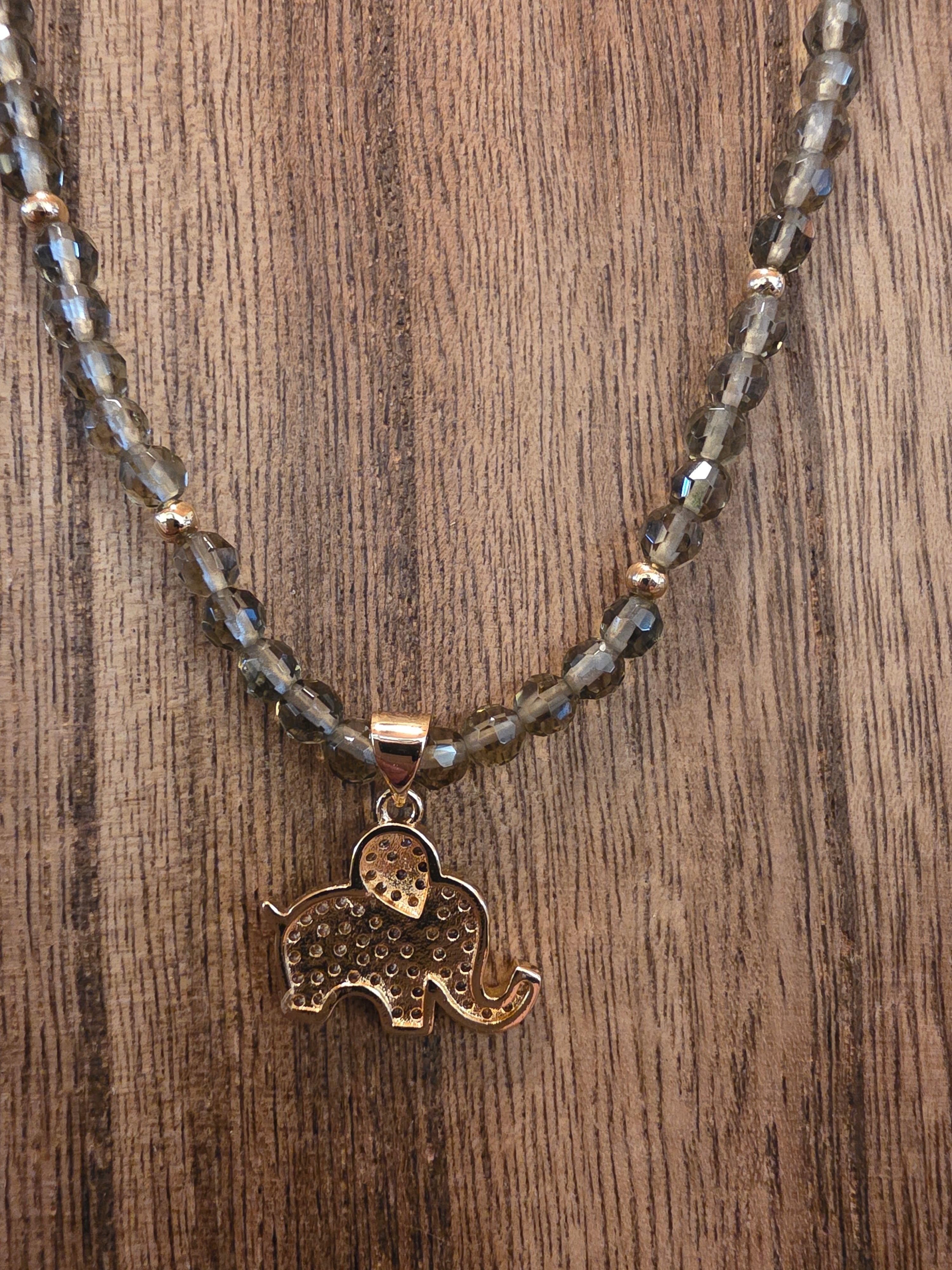 Smoky Quartz Elephant Necklace 18" + 2" Extension Gold Tone Pave