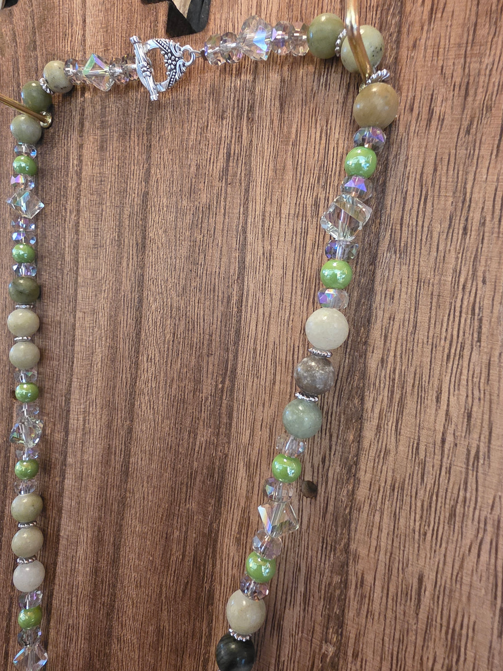 Swarovski Crystal Pendant Necklace Green Jasper & AB Beads 20"