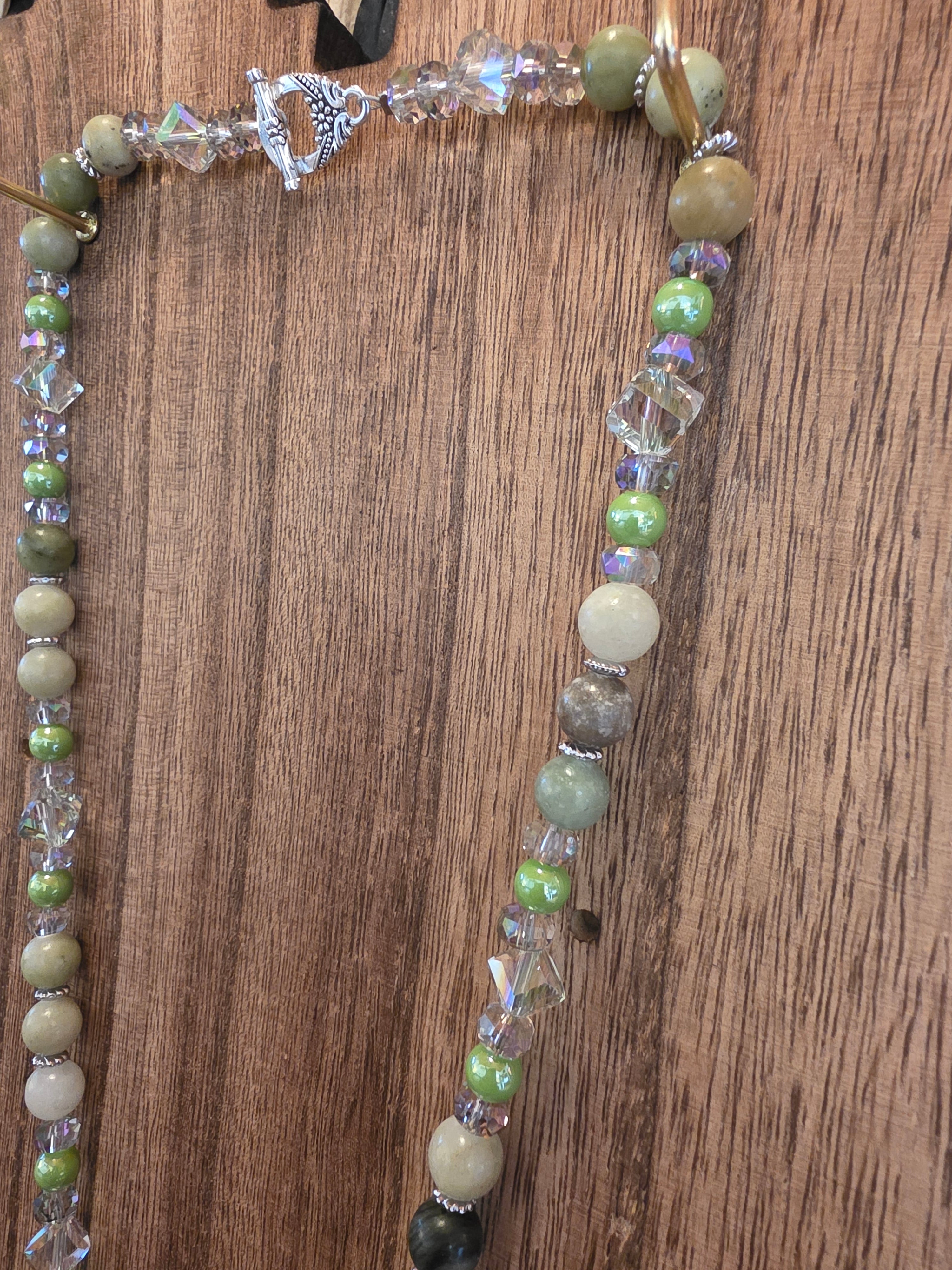 Swarovski Crystal Pendant Necklace Green Jasper & AB Beads 20"