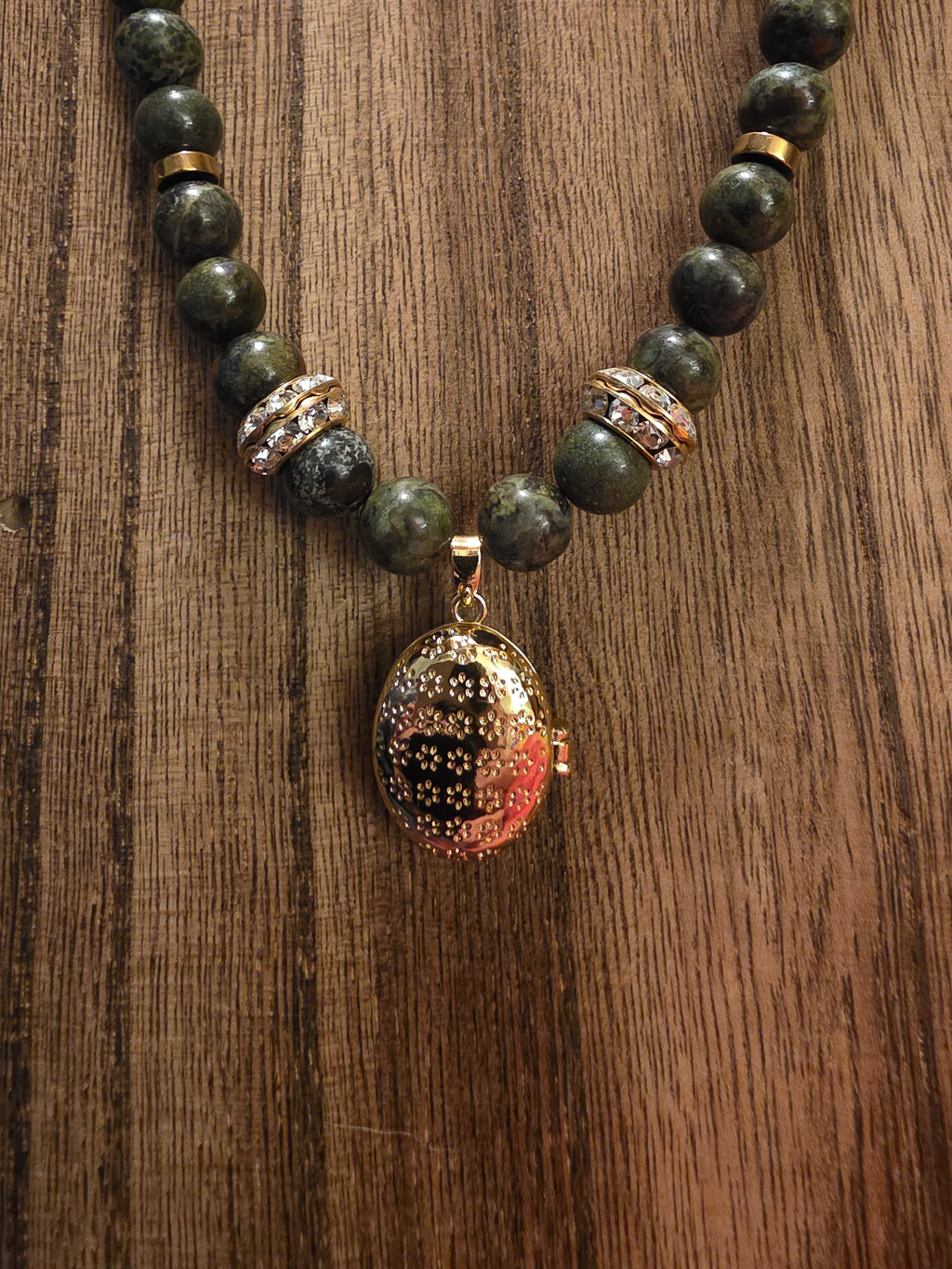 17" Green Epidote Necklace + 2" Ext w/ Floral Locket