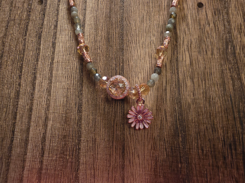 Labradorite & Rose Gold Tone Necklace with Pink Daisy Charm
