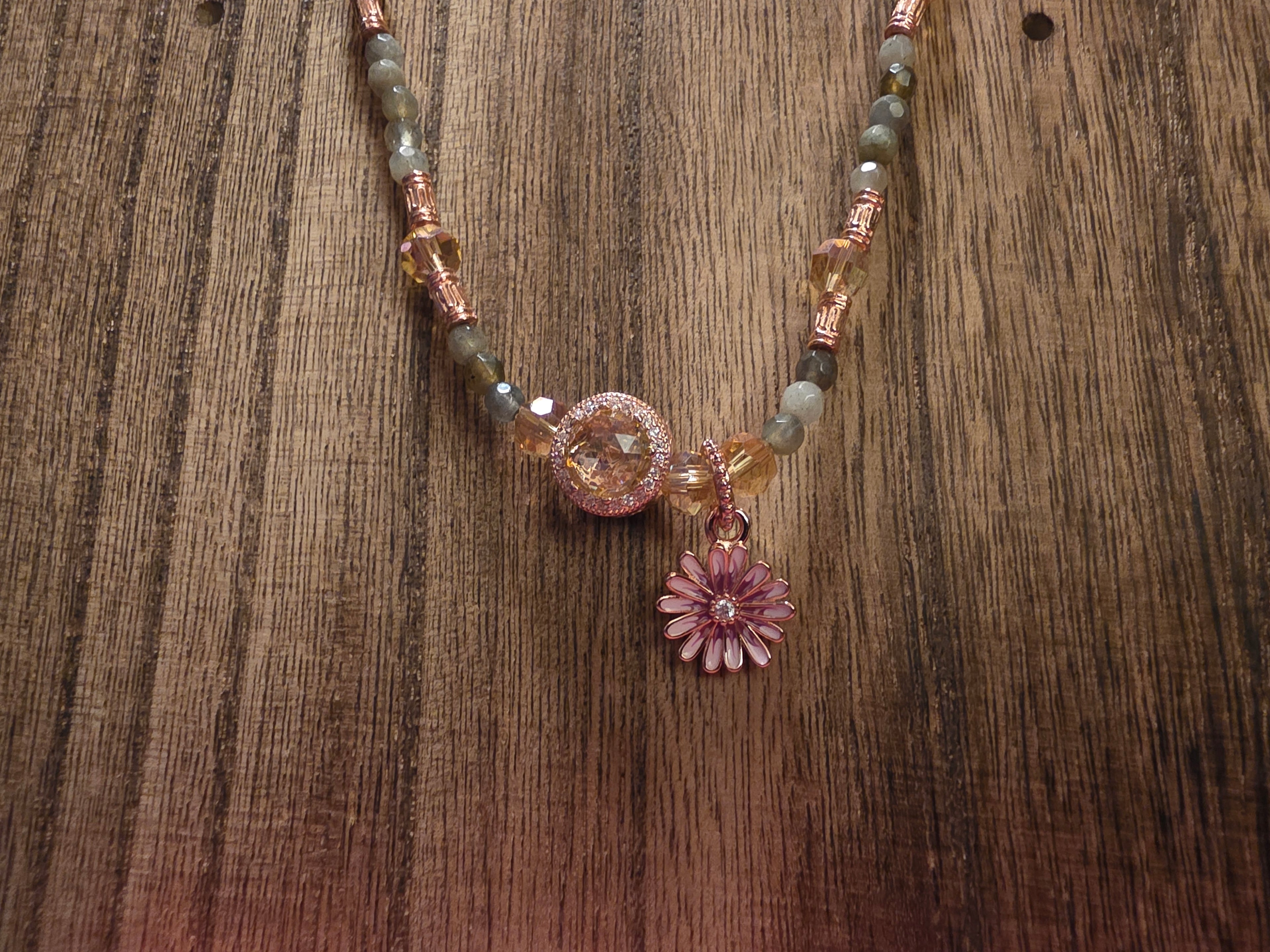 Labradorite & Rose Gold Tone Necklace with Pink Daisy Charm